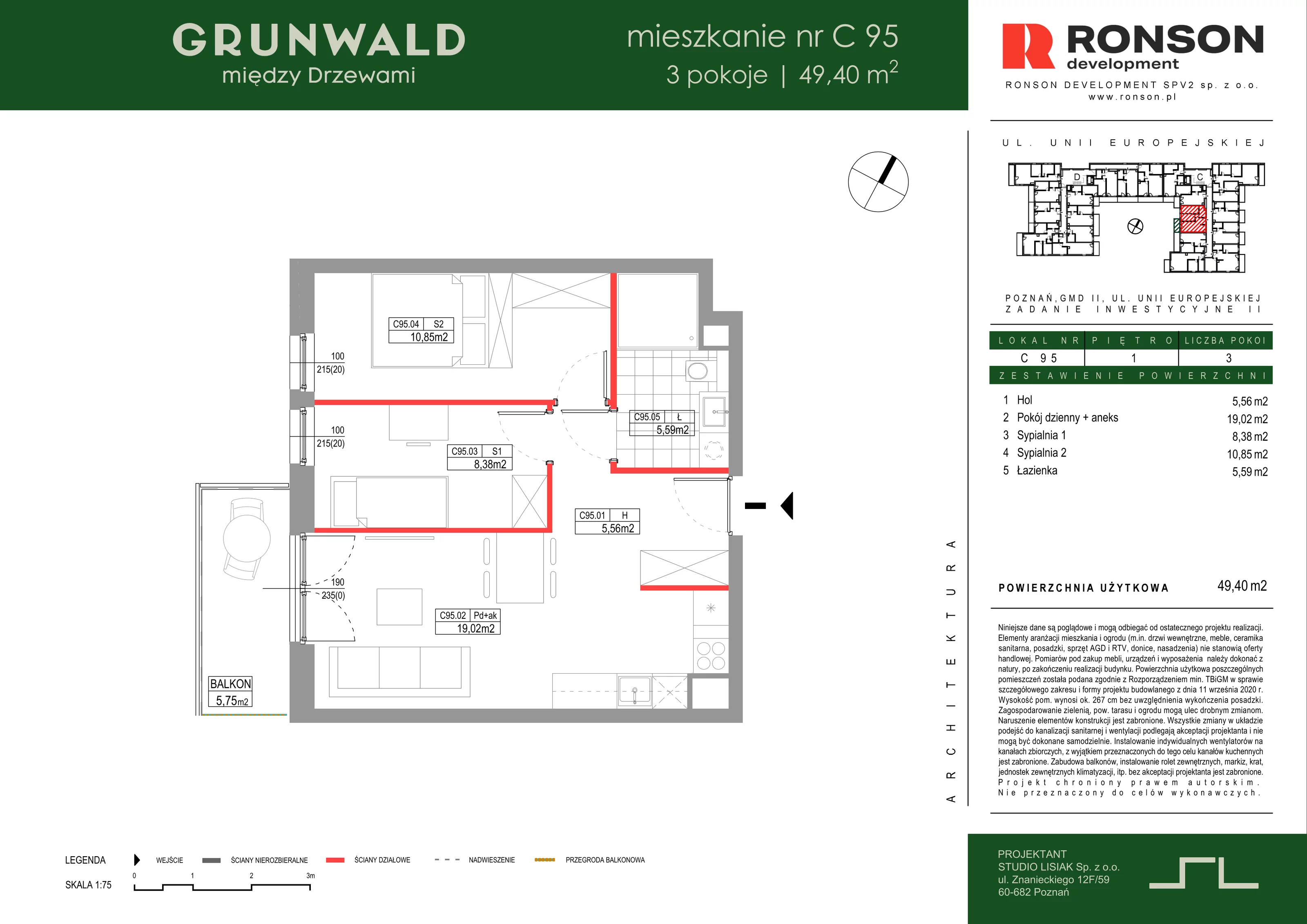 3 pokoje, mieszkanie 49,40 m², piętro 1, oferta nr C095, Grunwald Między Drzewami 3, Poznań, Grunwald, Grunwald Południe, ul. Unii Europejskiej / Smardzewska