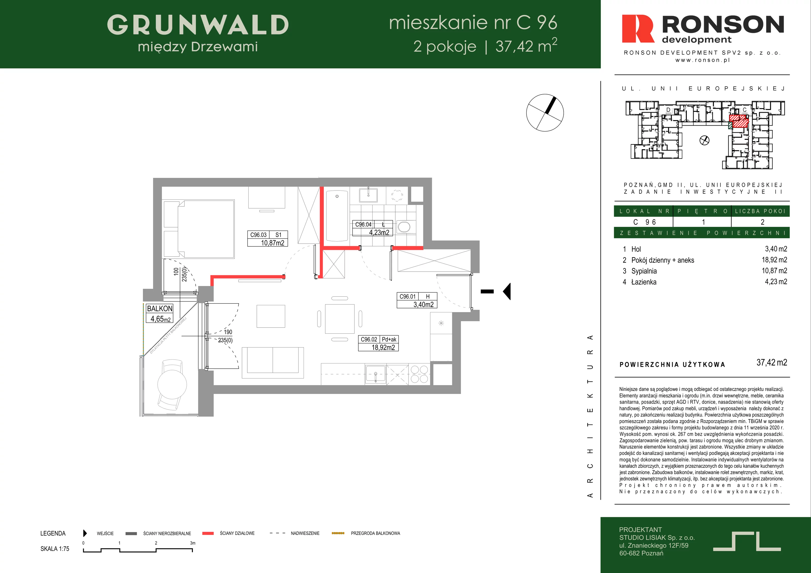 2 pokoje, mieszkanie 37,42 m², piętro 1, oferta nr C096, Grunwald Między Drzewami 3, Poznań, Grunwald, Grunwald Południe, ul. Unii Europejskiej / Smardzewska