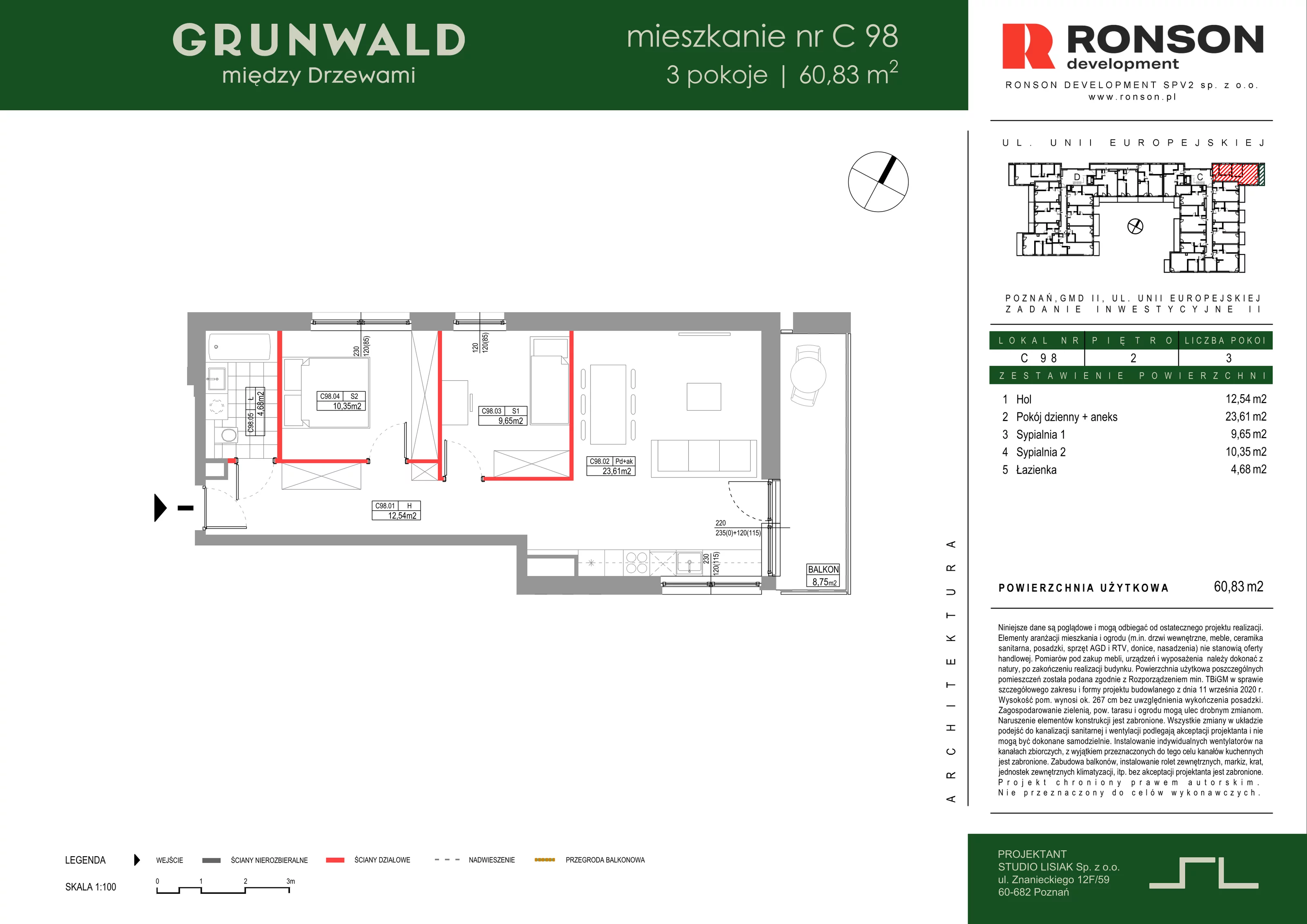 3 pokoje, mieszkanie 60,83 m², piętro 2, oferta nr C098, Grunwald Między Drzewami 3, Poznań, Grunwald, Grunwald Południe, ul. Unii Europejskiej / Smardzewska
