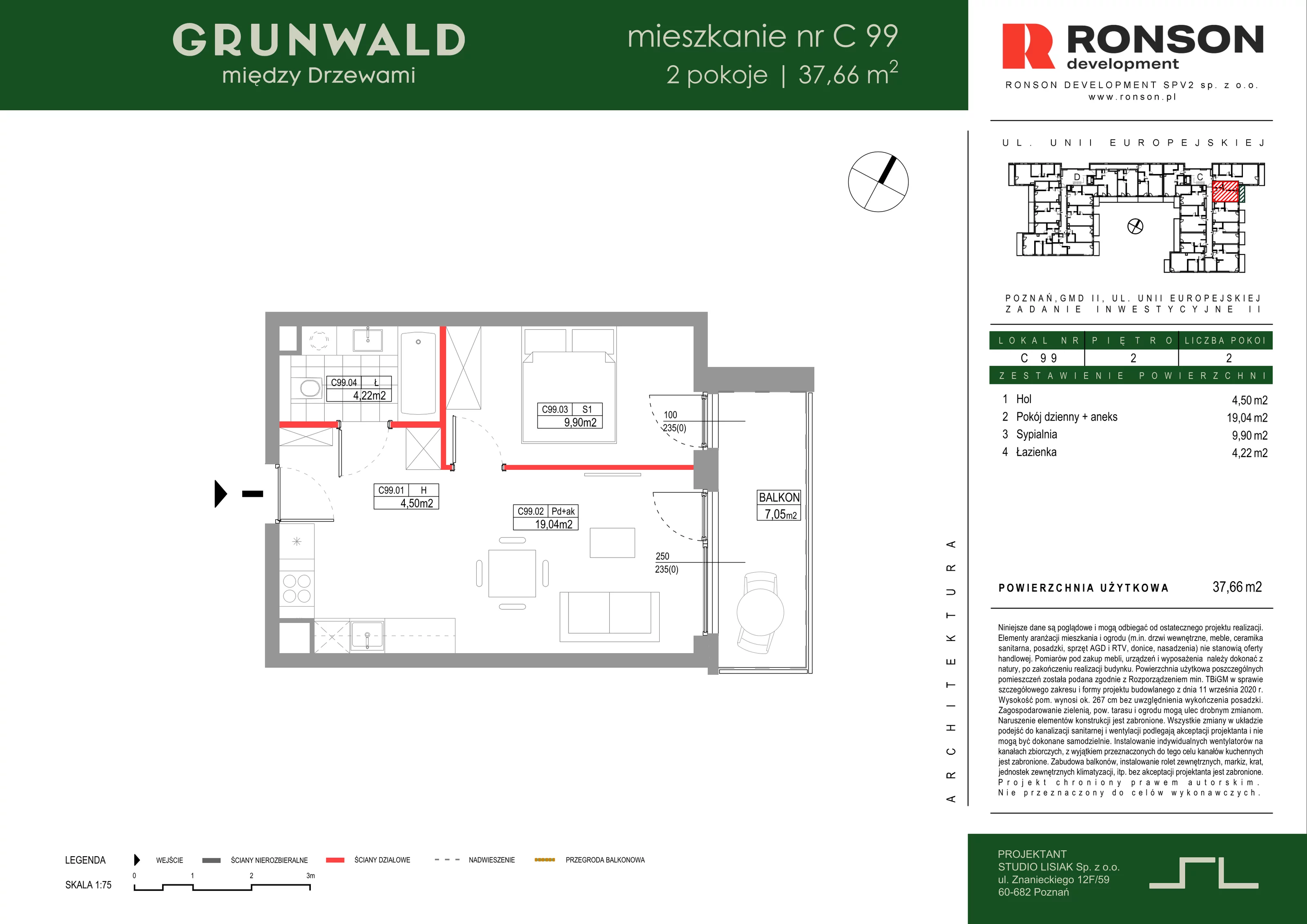 2 pokoje, mieszkanie 37,66 m², piętro 2, oferta nr C099, Grunwald Między Drzewami 3, Poznań, Grunwald, Grunwald Południe, ul. Unii Europejskiej / Smardzewska
