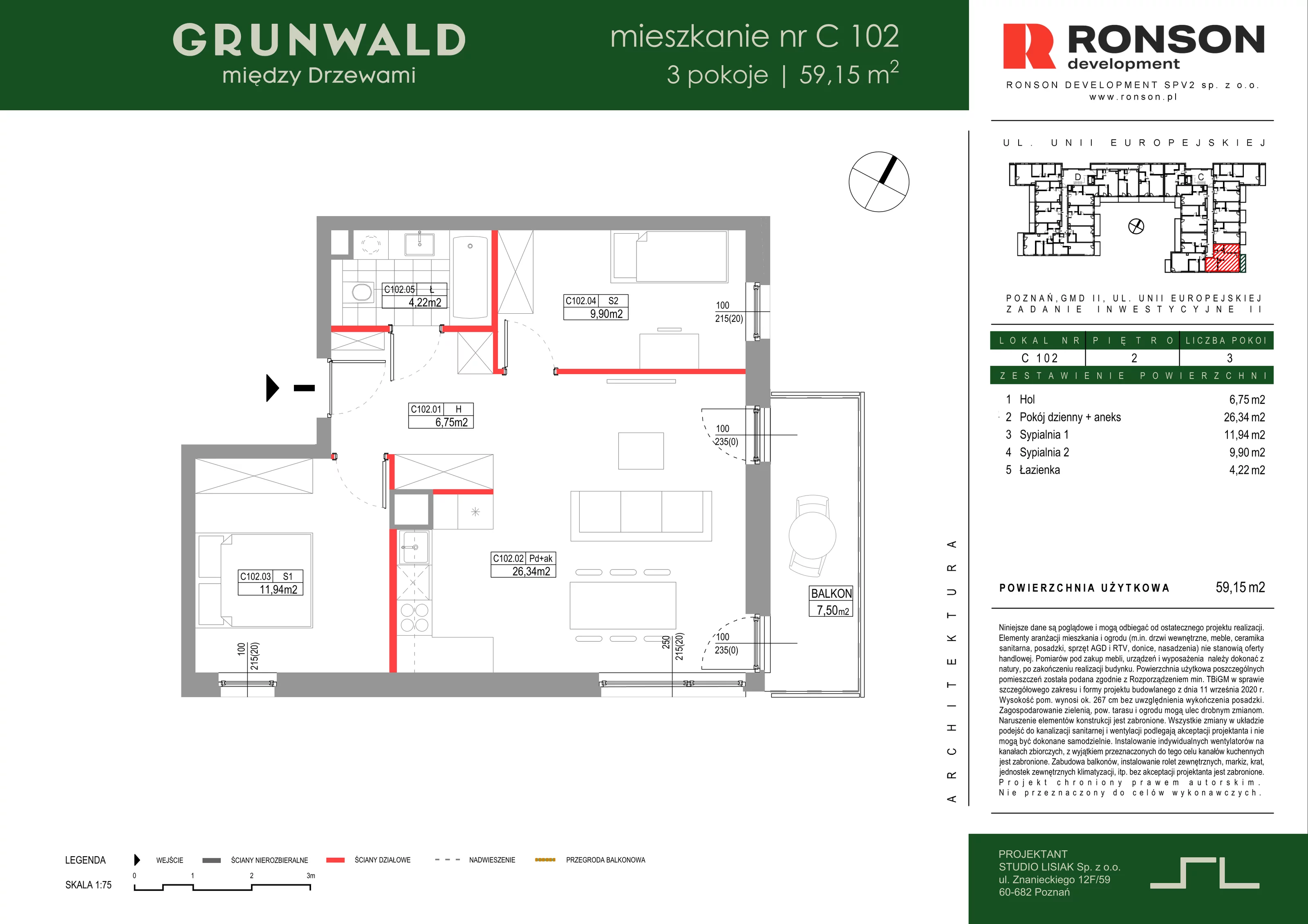 3 pokoje, mieszkanie 59,15 m², piętro 2, oferta nr C102, Grunwald Między Drzewami 3, Poznań, Grunwald, Grunwald Południe, ul. Unii Europejskiej / Smardzewska