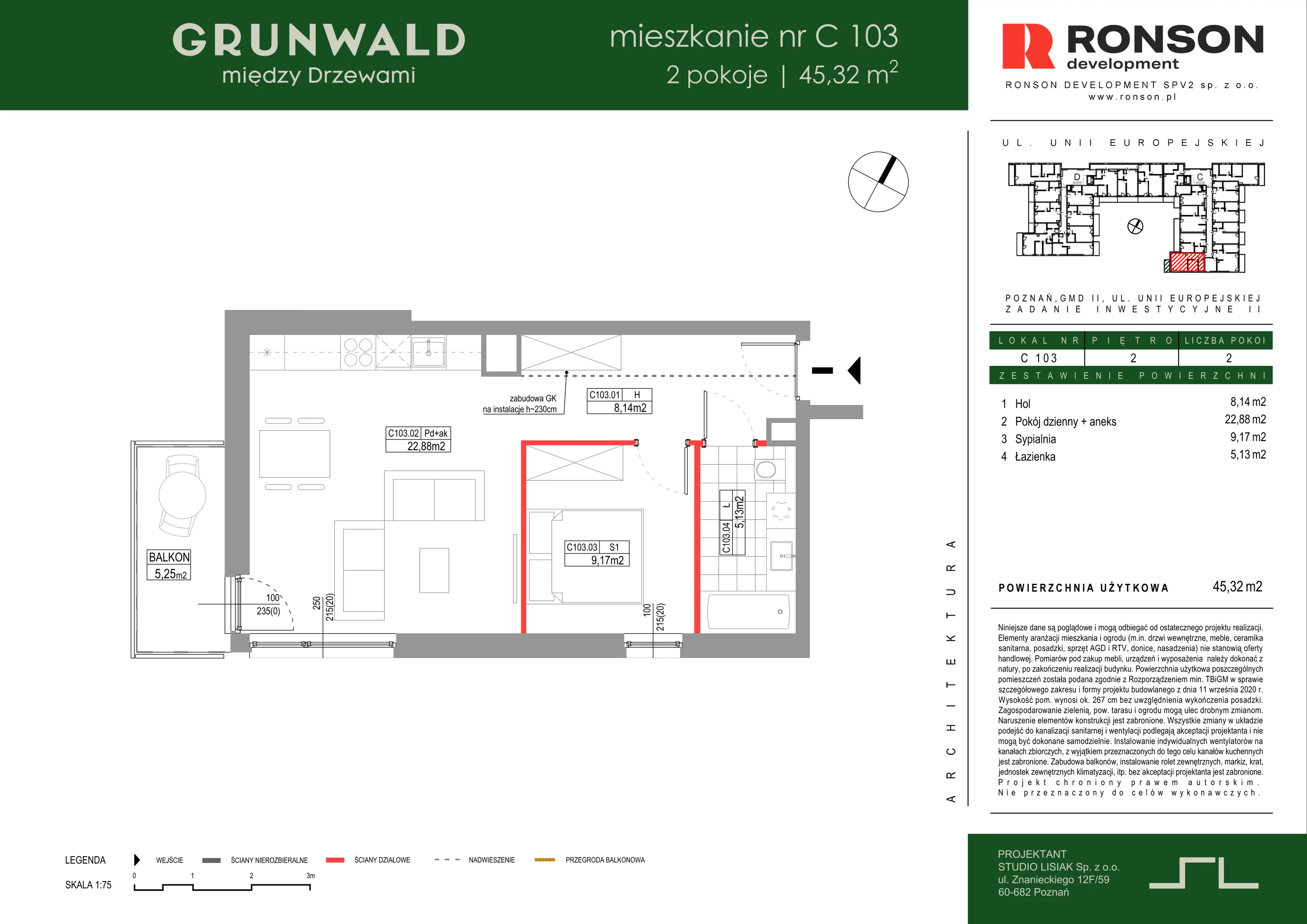 2 pokoje, mieszkanie 45,32 m², piętro 2, oferta nr C103, Grunwald Między Drzewami 3, Poznań, Grunwald, Grunwald Południe, ul. Unii Europejskiej / Smardzewska