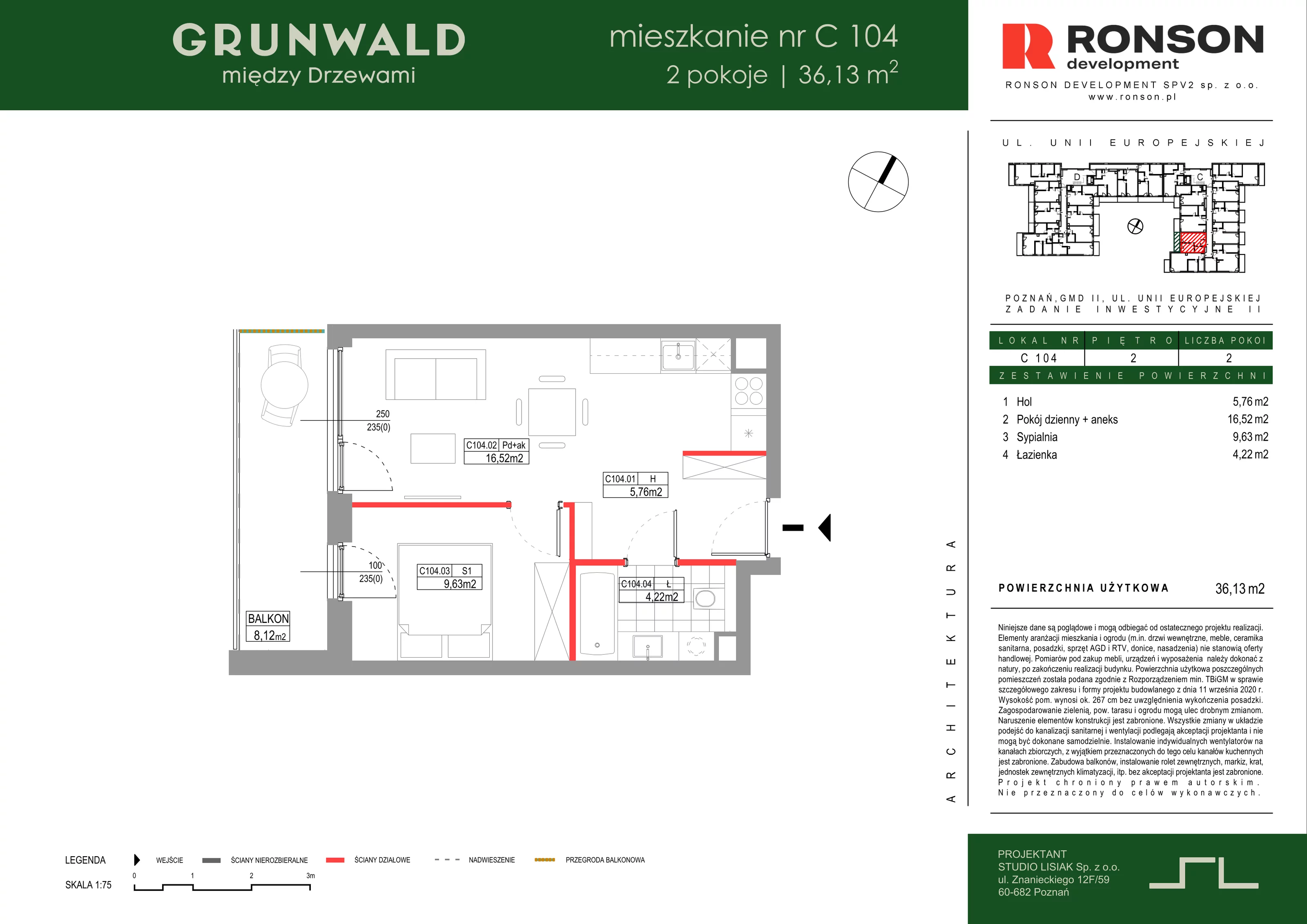 2 pokoje, mieszkanie 36,13 m², piętro 2, oferta nr C104, Grunwald Między Drzewami 3, Poznań, Grunwald, Grunwald Południe, ul. Unii Europejskiej / Smardzewska