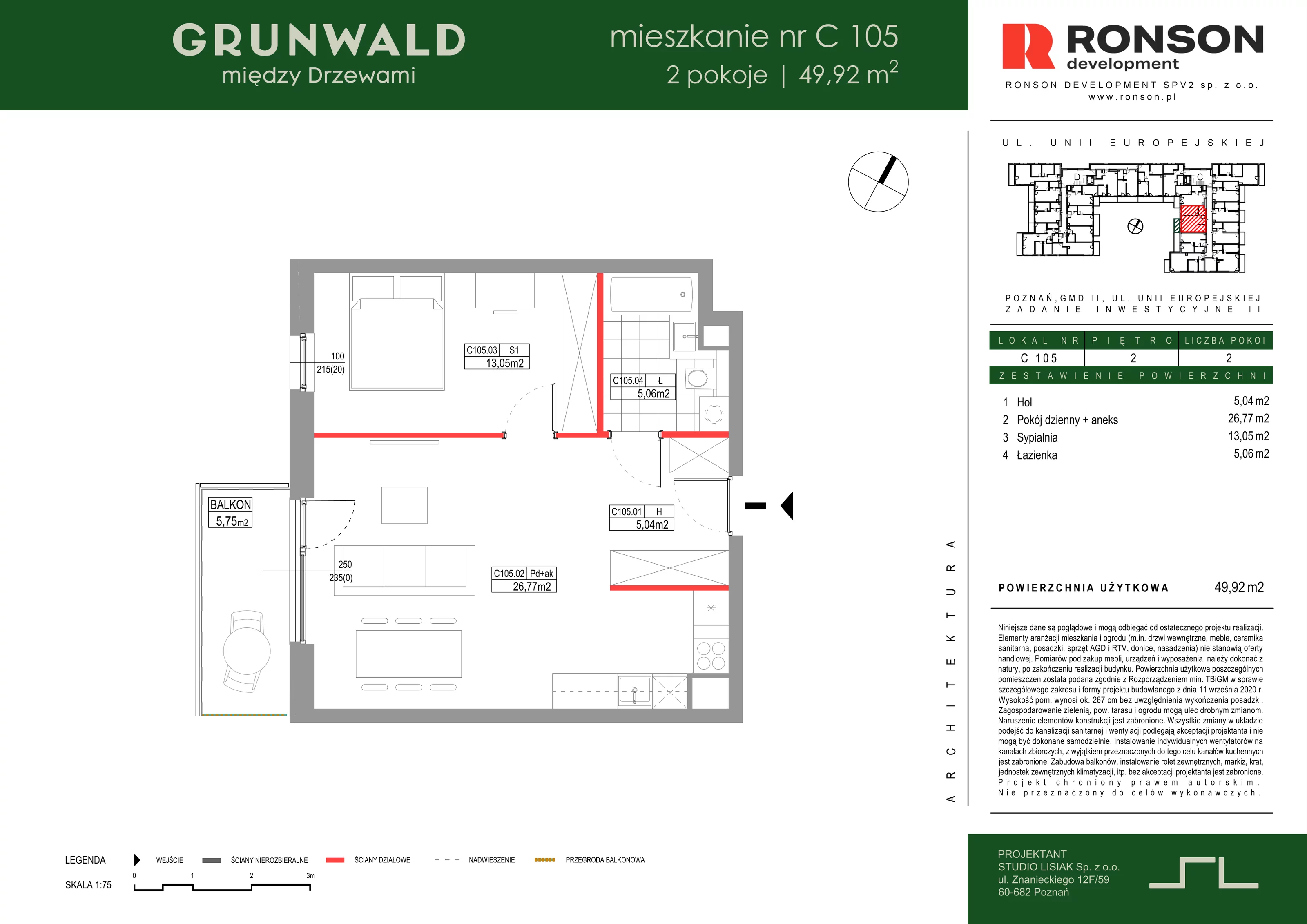 2 pokoje, mieszkanie 49,92 m², piętro 2, oferta nr C105, Grunwald Między Drzewami 3, Poznań, Grunwald, Grunwald Południe, ul. Unii Europejskiej / Smardzewska