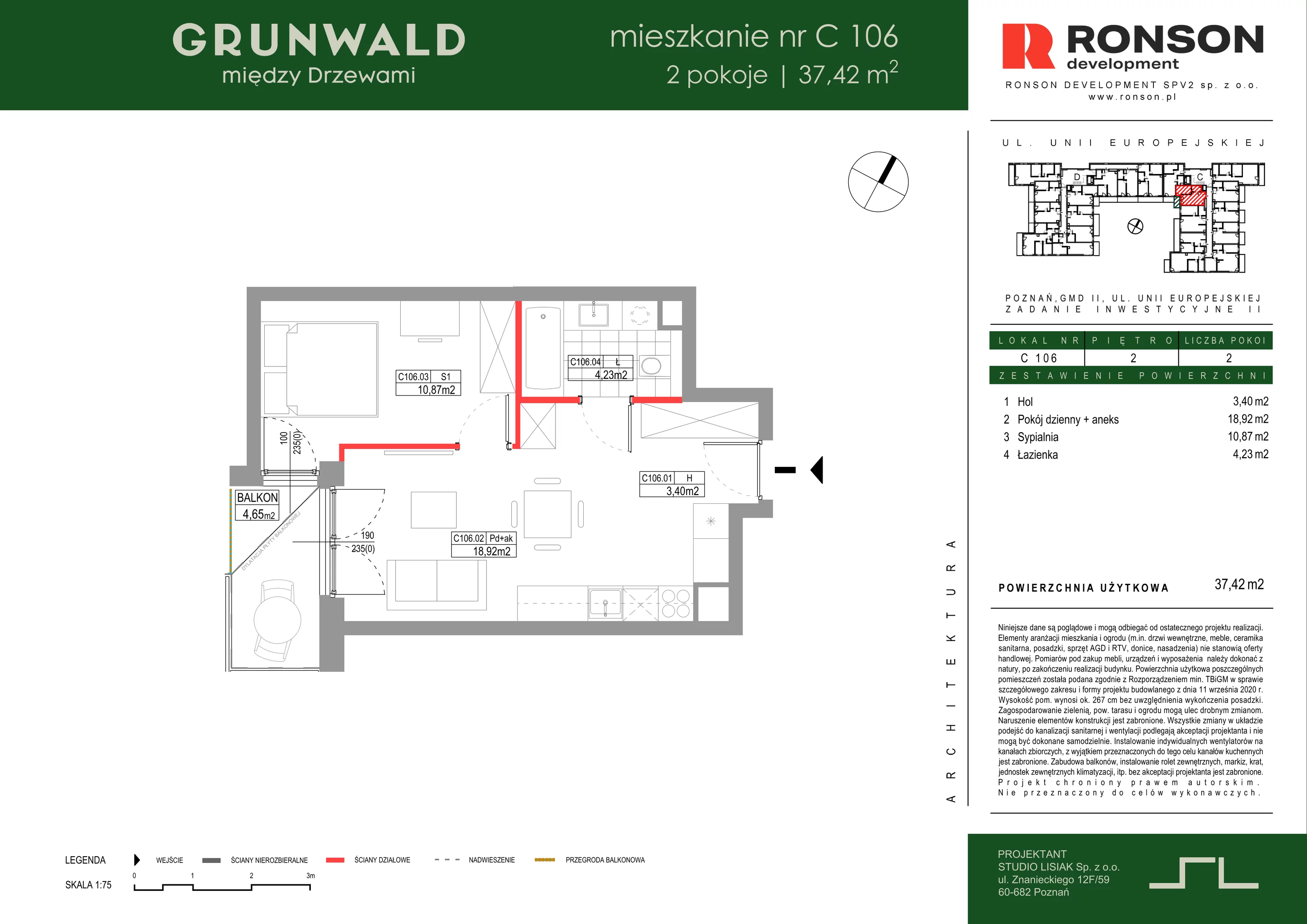 2 pokoje, mieszkanie 37,42 m², piętro 2, oferta nr C106, Grunwald Między Drzewami 3, Poznań, Grunwald, Grunwald Południe, ul. Unii Europejskiej / Smardzewska