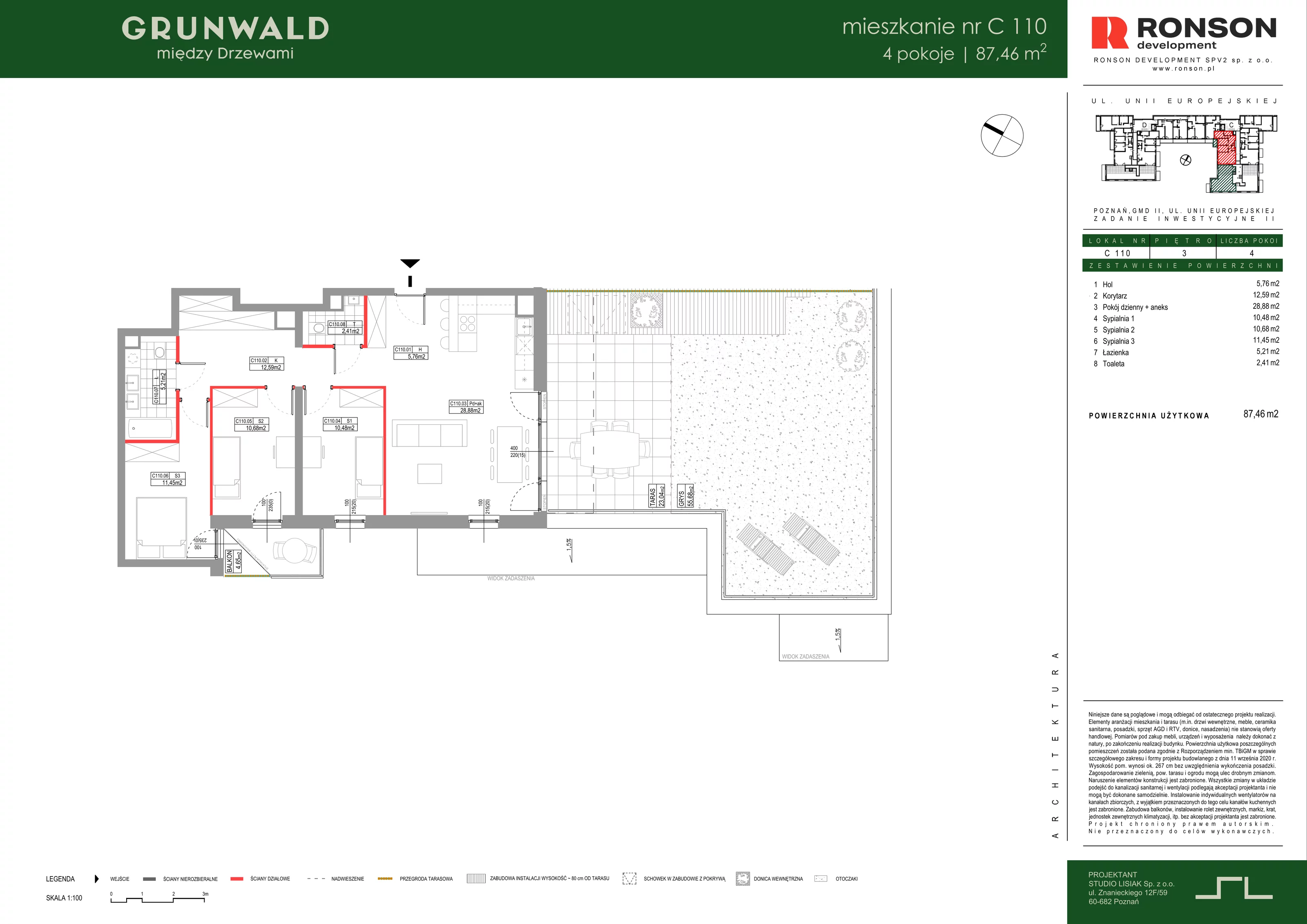 4 pokoje, mieszkanie 87,46 m², piętro 3, oferta nr C110, Grunwald Między Drzewami 3, Poznań, Grunwald, Grunwald Południe, ul. Unii Europejskiej / Smardzewska