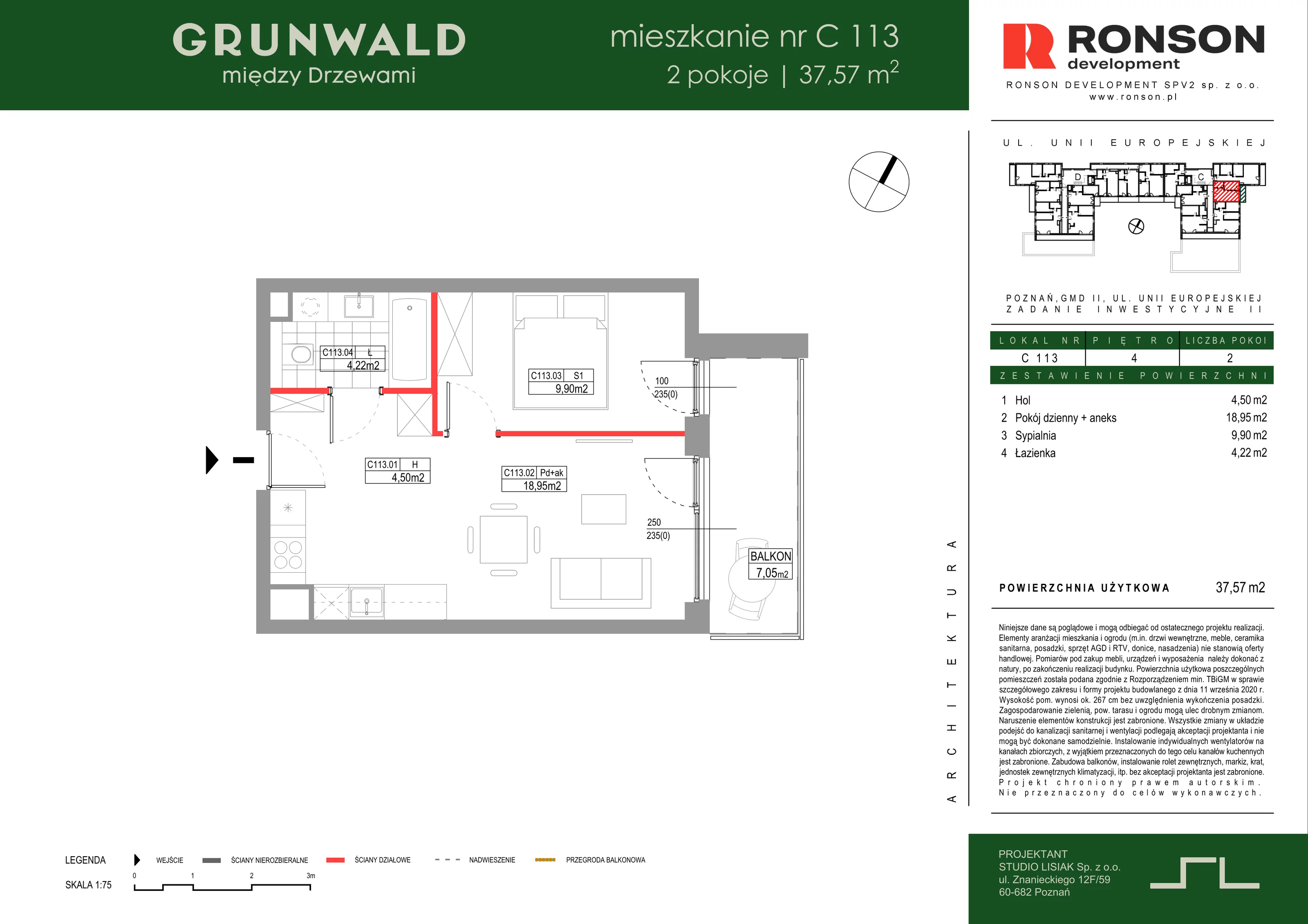 2 pokoje, mieszkanie 37,57 m², piętro 4, oferta nr C113, Grunwald Między Drzewami 3, Poznań, Grunwald, Grunwald Południe, ul. Unii Europejskiej / Smardzewska