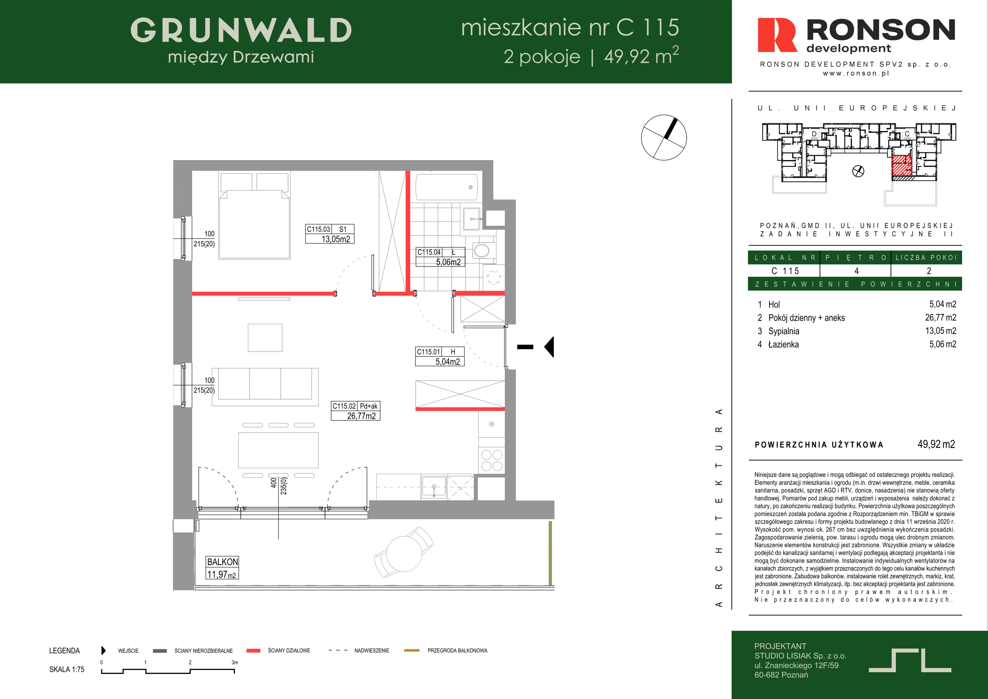 2 pokoje, mieszkanie 49,92 m², piętro 4, oferta nr C115, Grunwald Między Drzewami 3, Poznań, Grunwald, Grunwald Południe, ul. Unii Europejskiej / Smardzewska