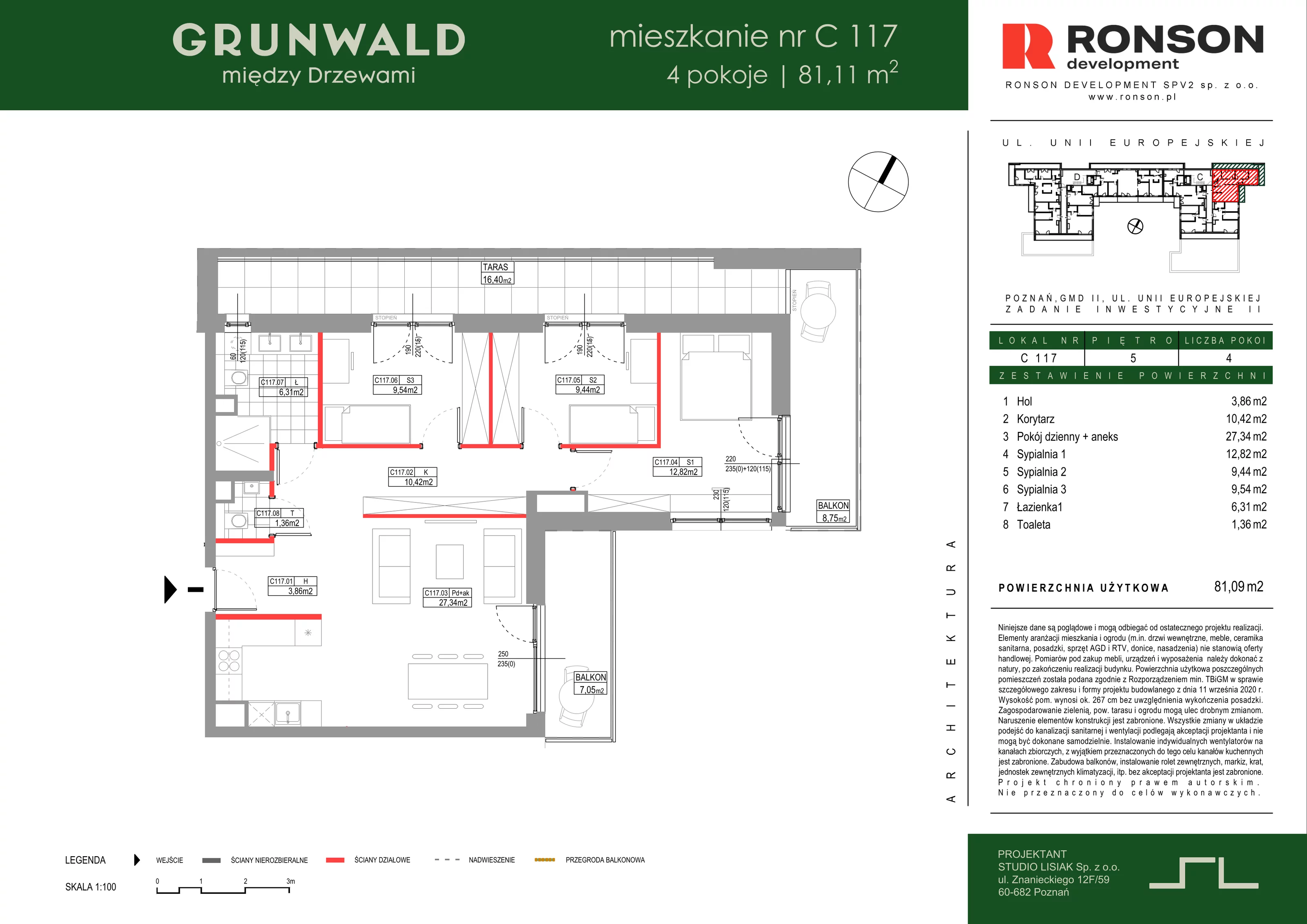4 pokoje, mieszkanie 81,09 m², piętro 5, oferta nr C117, Grunwald Między Drzewami 3, Poznań, Grunwald, Grunwald Południe, ul. Unii Europejskiej / Smardzewska