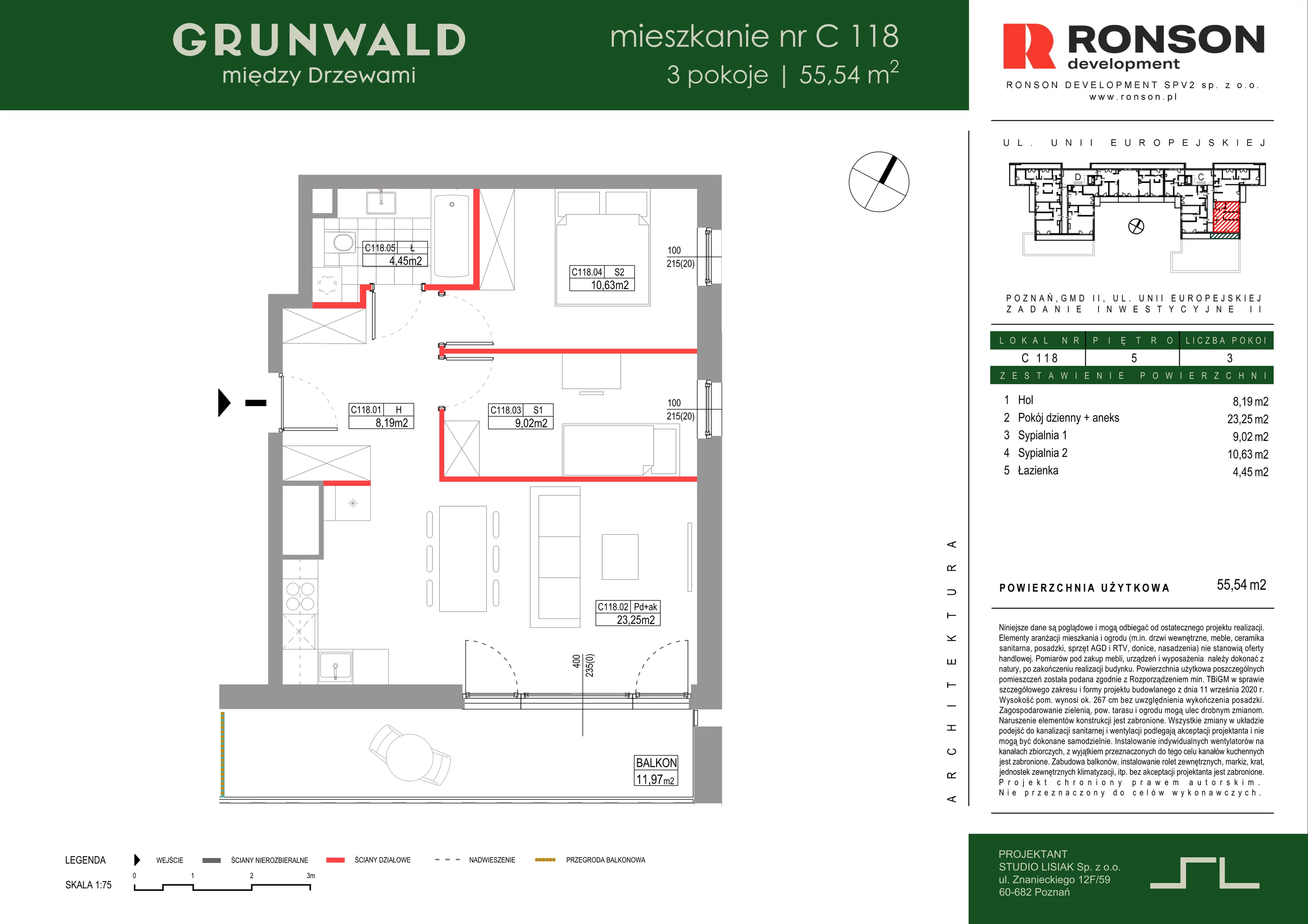 3 pokoje, mieszkanie 55,54 m², piętro 5, oferta nr C118, Grunwald Między Drzewami 3, Poznań, Grunwald, Grunwald Południe, ul. Unii Europejskiej / Smardzewska