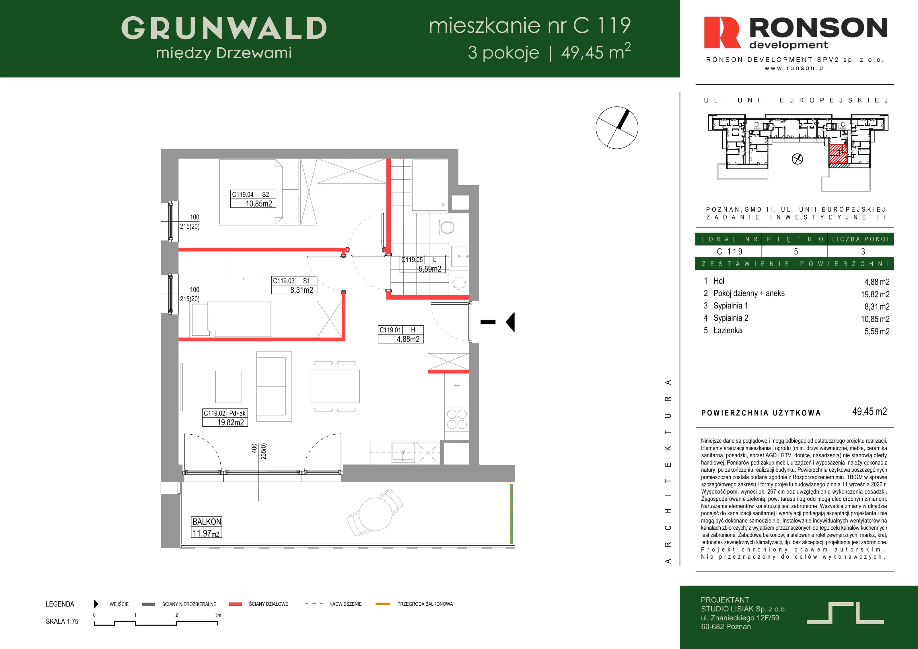 3 pokoje, mieszkanie 49,45 m², piętro 5, oferta nr C119, Grunwald Między Drzewami 3, Poznań, Grunwald, Grunwald Południe, ul. Unii Europejskiej / Smardzewska