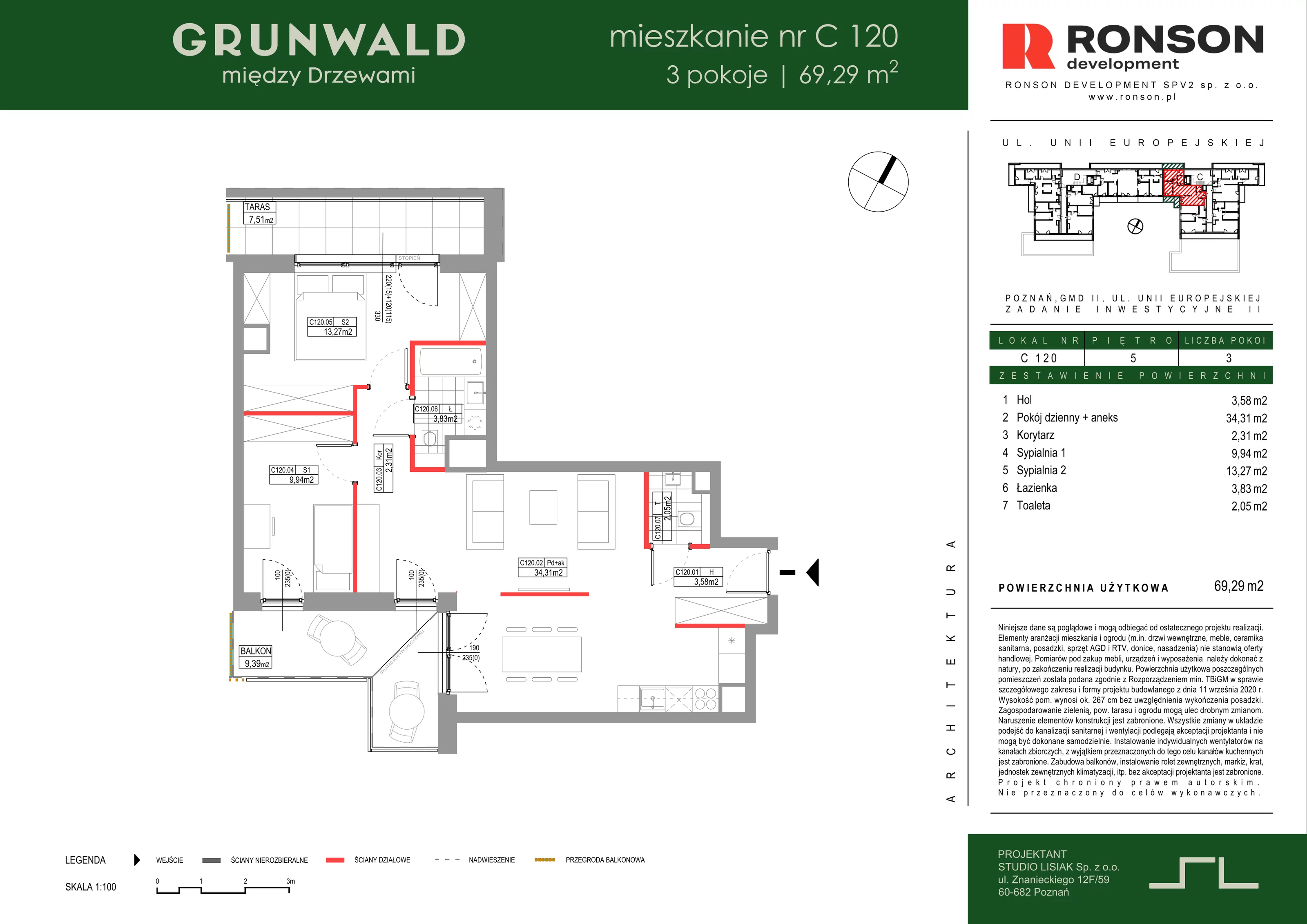 3 pokoje, mieszkanie 69,29 m², piętro 5, oferta nr C120, Grunwald Między Drzewami 3, Poznań, Grunwald, Grunwald Południe, ul. Unii Europejskiej / Smardzewska