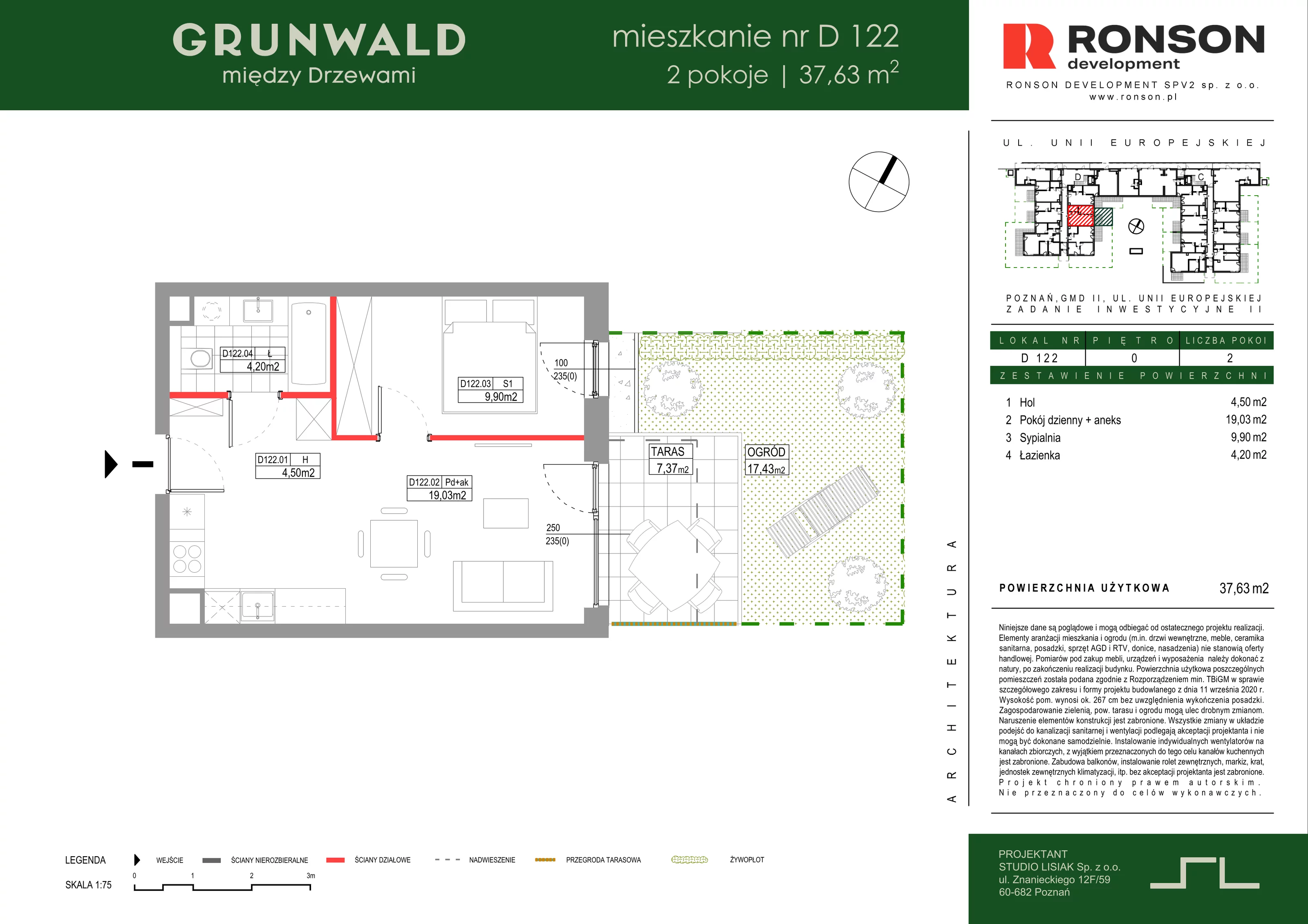 2 pokoje, mieszkanie 37,63 m², parter, oferta nr D122, Grunwald Między Drzewami 3, Poznań, Grunwald, Grunwald Południe, ul. Unii Europejskiej / Smardzewska