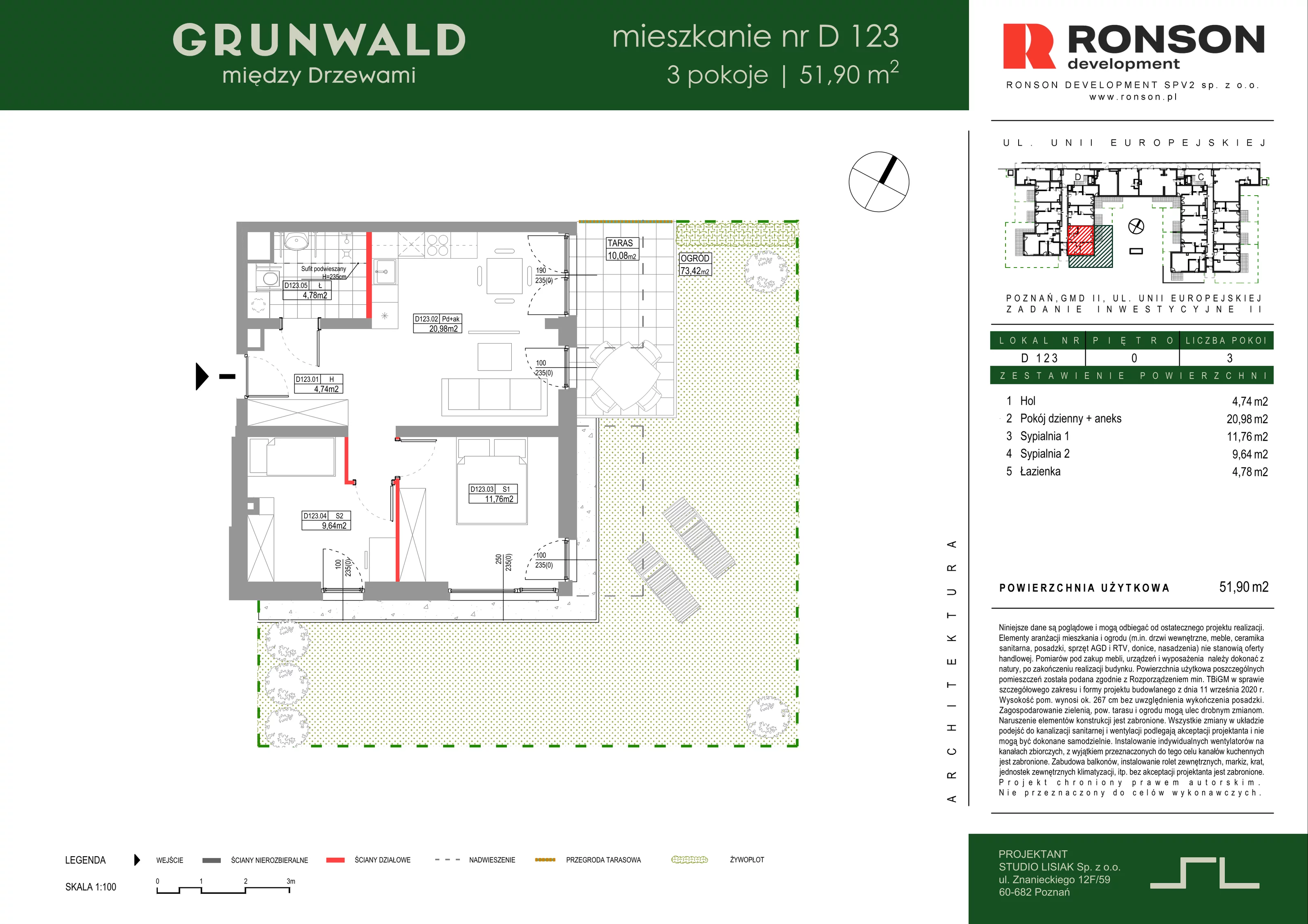 3 pokoje, mieszkanie 51,90 m², parter, oferta nr D123, Grunwald Między Drzewami 3, Poznań, Grunwald, Grunwald Południe, ul. Unii Europejskiej / Smardzewska