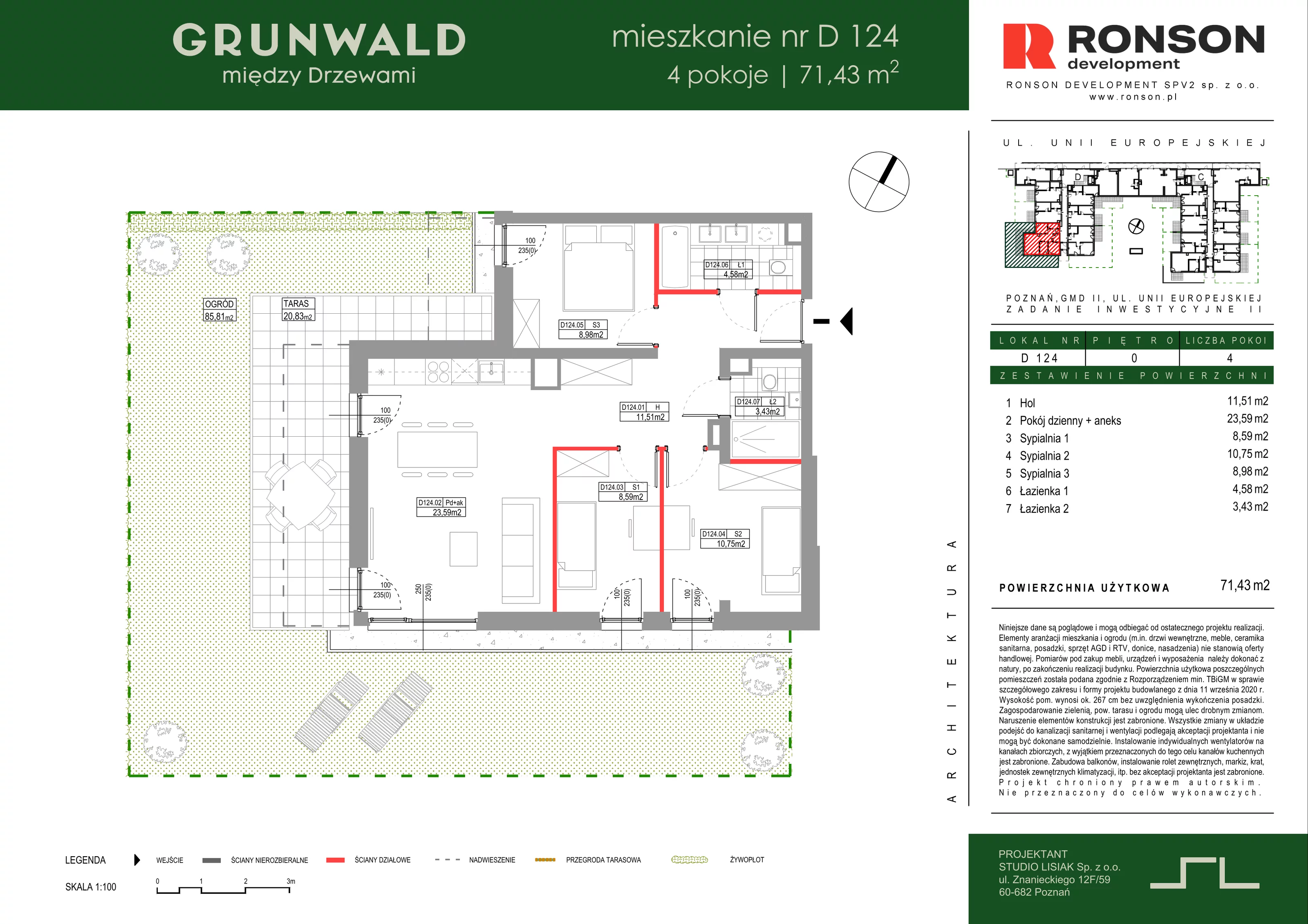 4 pokoje, mieszkanie 71,43 m², parter, oferta nr D124, Grunwald Między Drzewami 3, Poznań, Grunwald, Grunwald Południe, ul. Unii Europejskiej / Smardzewska