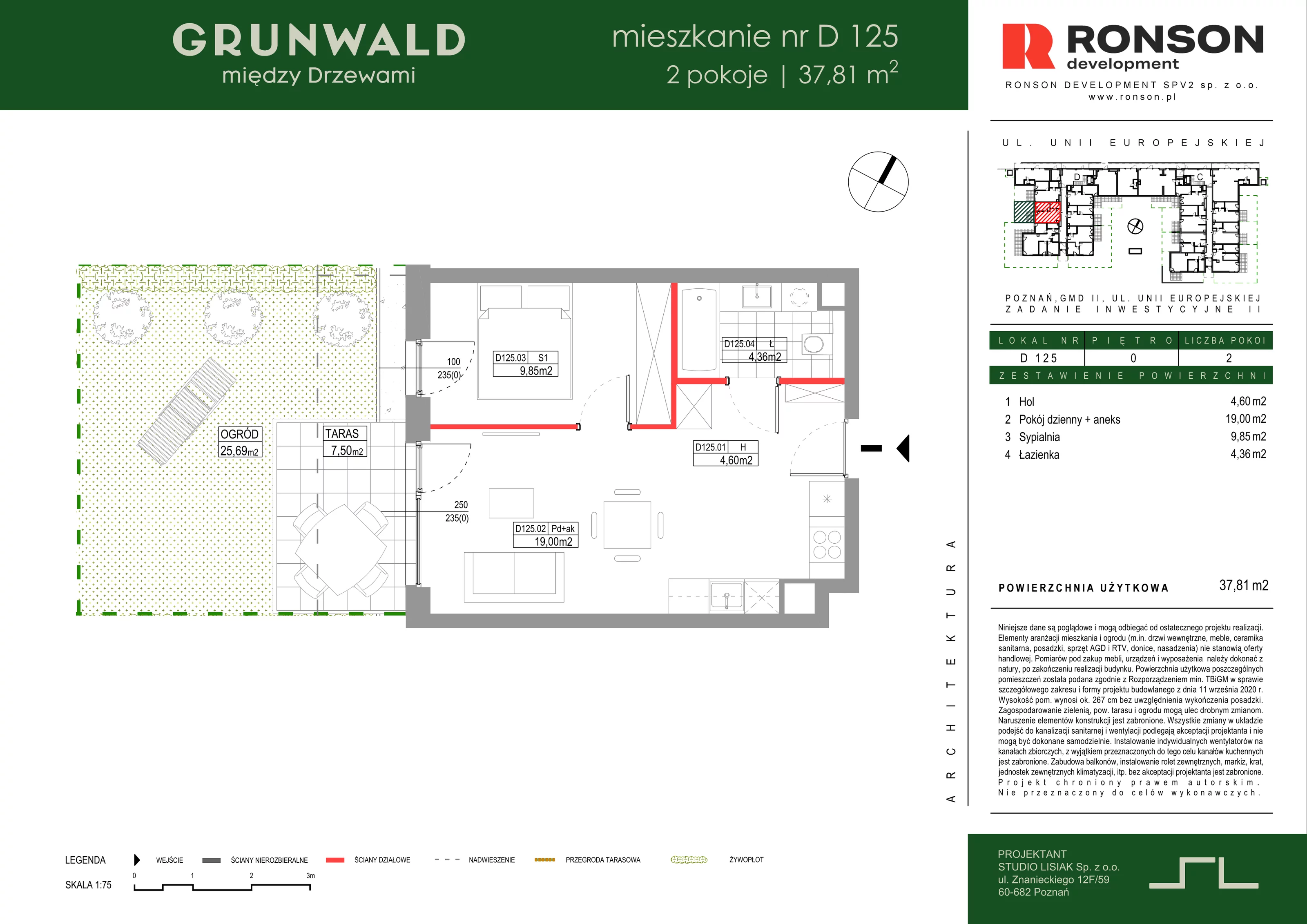 2 pokoje, mieszkanie 37,81 m², parter, oferta nr D125, Grunwald Między Drzewami 3, Poznań, Grunwald, Grunwald Południe, ul. Unii Europejskiej / Smardzewska