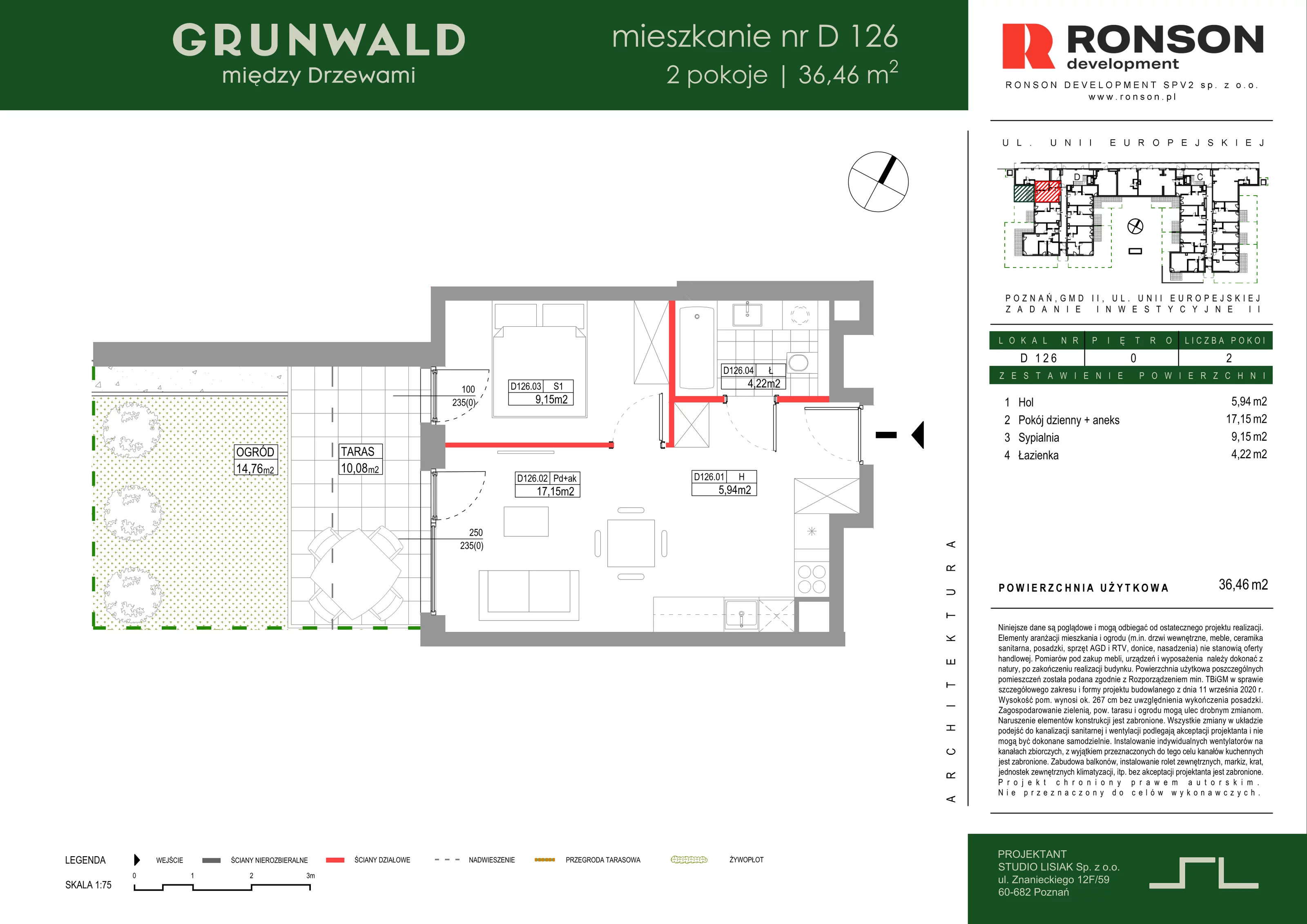 2 pokoje, mieszkanie 36,46 m², parter, oferta nr D126, Grunwald Między Drzewami 3, Poznań, Grunwald, Grunwald Południe, ul. Unii Europejskiej / Smardzewska