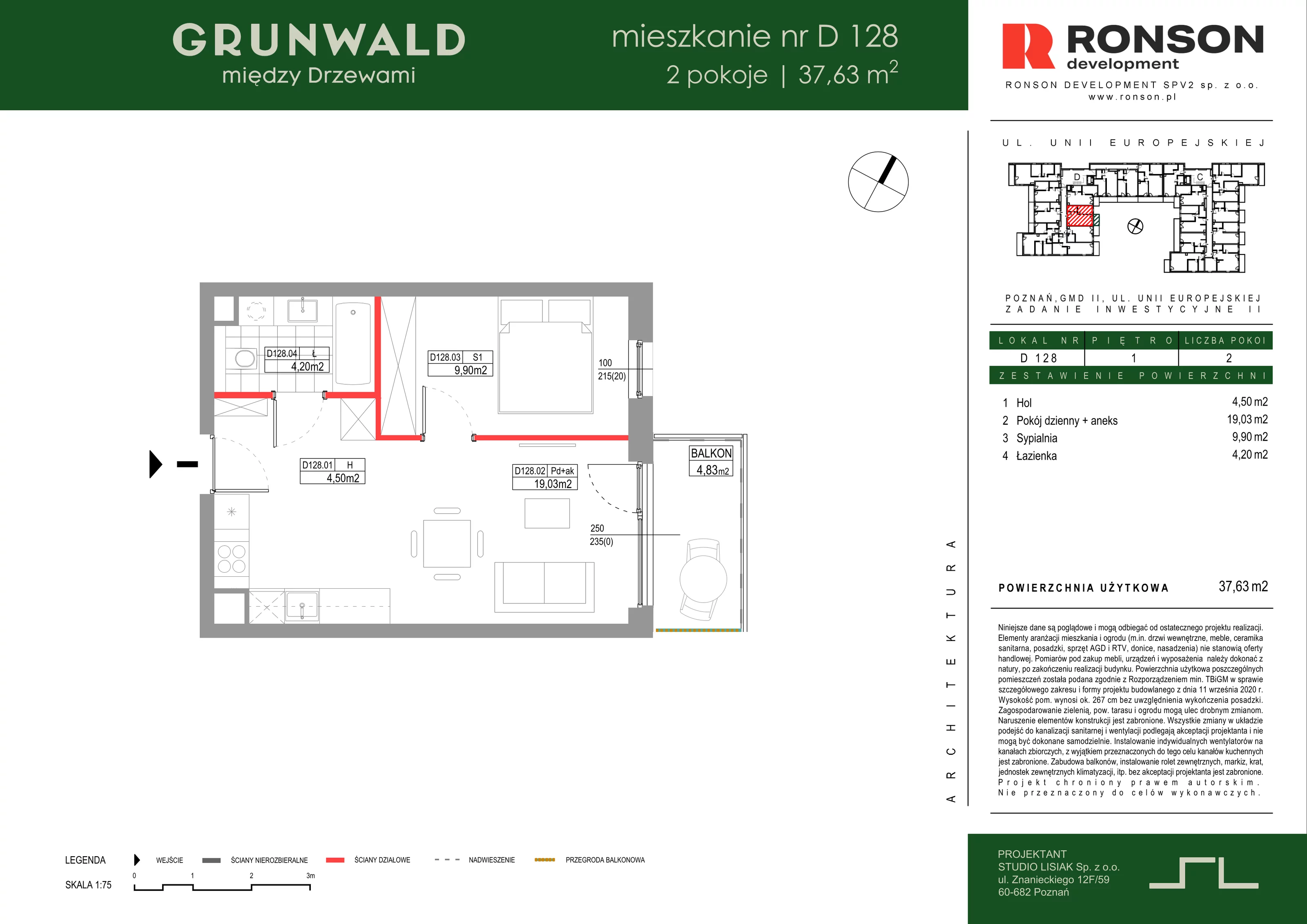 2 pokoje, mieszkanie 37,63 m², piętro 1, oferta nr D128, Grunwald Między Drzewami 3, Poznań, Grunwald, Grunwald Południe, ul. Unii Europejskiej / Smardzewska