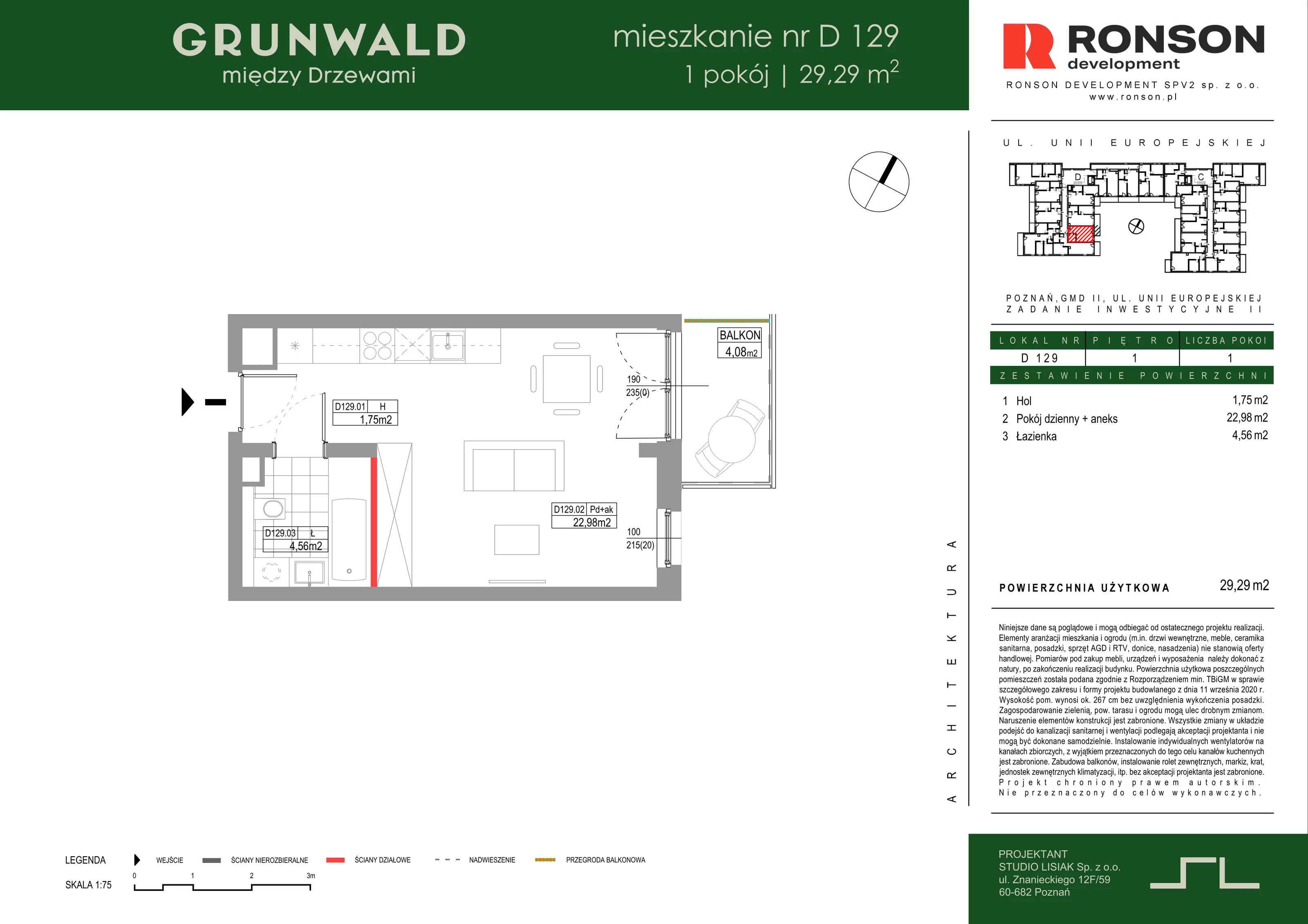 1 pokój, mieszkanie 29,29 m², piętro 1, oferta nr D129, Grunwald Między Drzewami 3, Poznań, Grunwald, Grunwald Południe, ul. Unii Europejskiej / Smardzewska