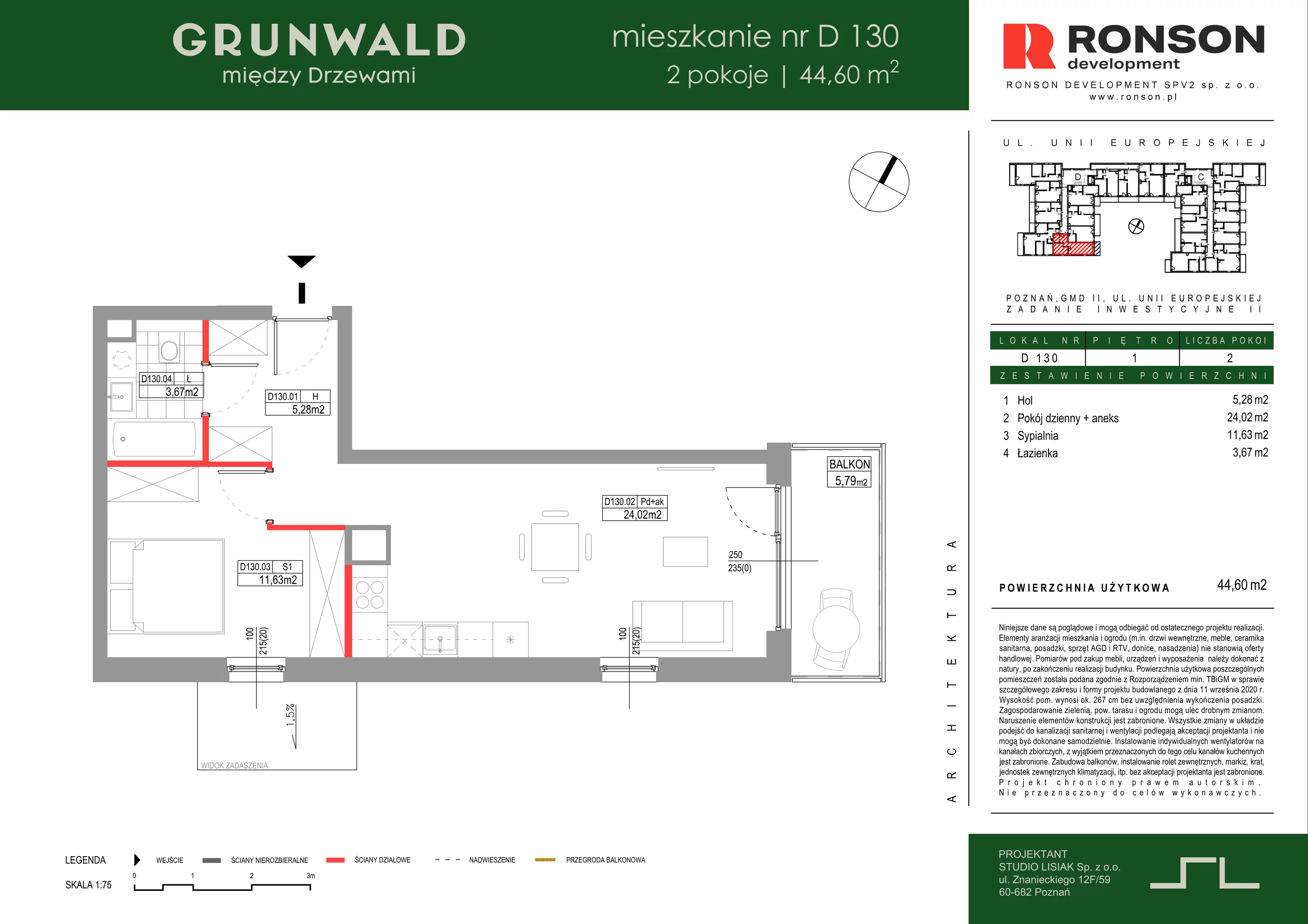 2 pokoje, mieszkanie 44,60 m², piętro 1, oferta nr D130, Grunwald Między Drzewami 3, Poznań, Grunwald, Grunwald Południe, ul. Unii Europejskiej / Smardzewska