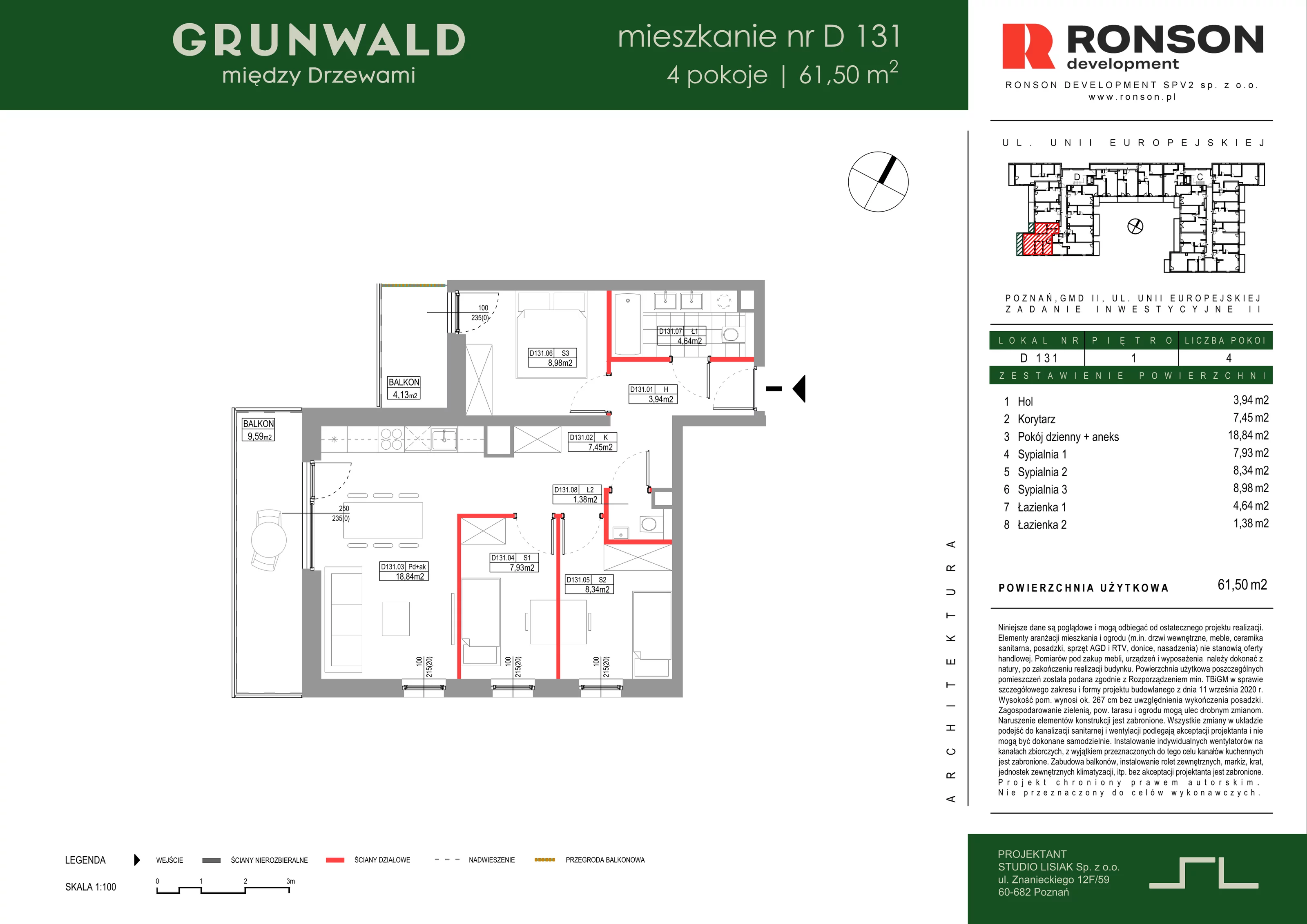 4 pokoje, mieszkanie 61,50 m², piętro 1, oferta nr D131, Grunwald Między Drzewami 3, Poznań, Grunwald, Grunwald Południe, ul. Unii Europejskiej / Smardzewska