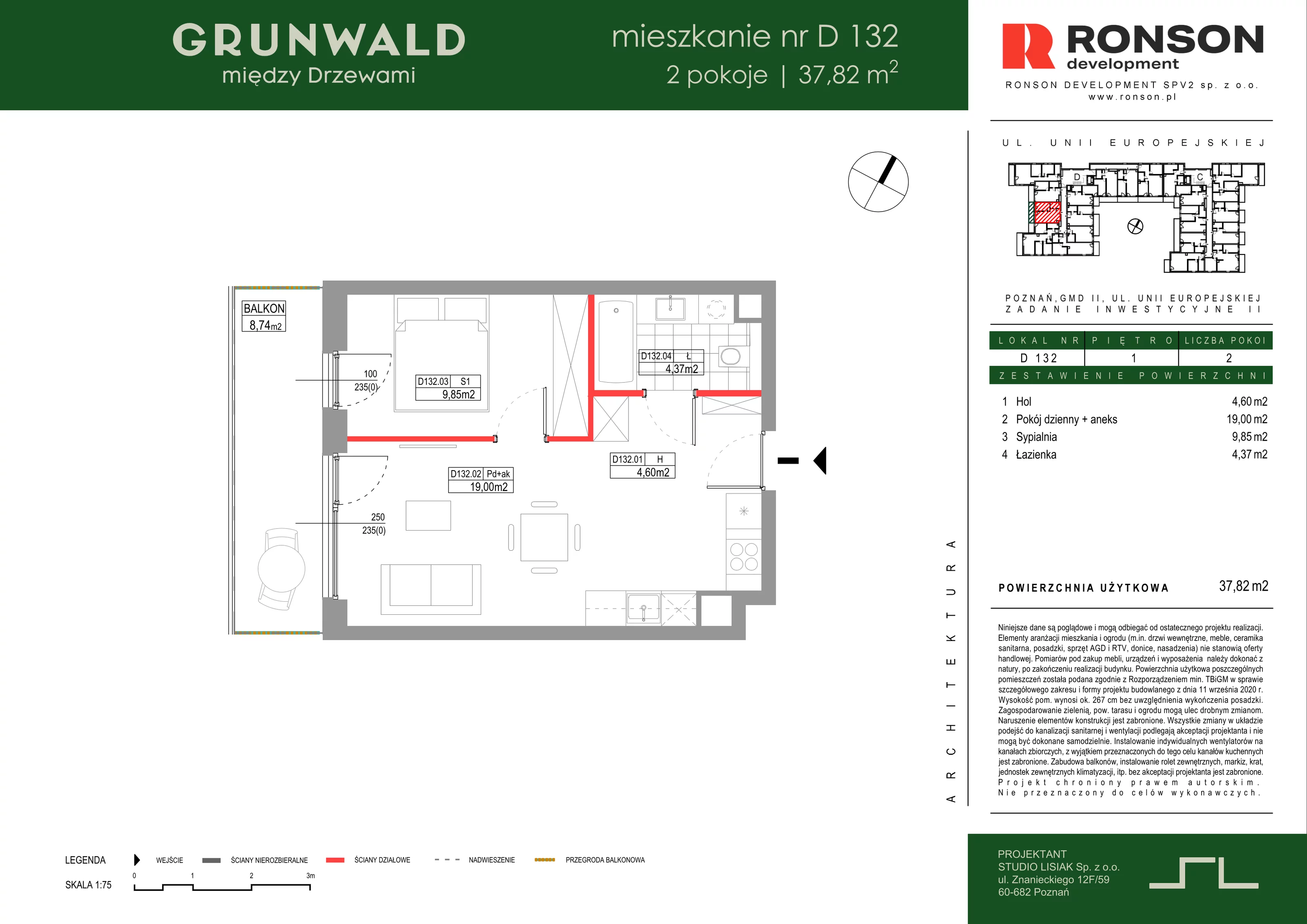 2 pokoje, mieszkanie 37,82 m², piętro 1, oferta nr D132, Grunwald Między Drzewami 3, Poznań, Grunwald, Grunwald Południe, ul. Unii Europejskiej / Smardzewska