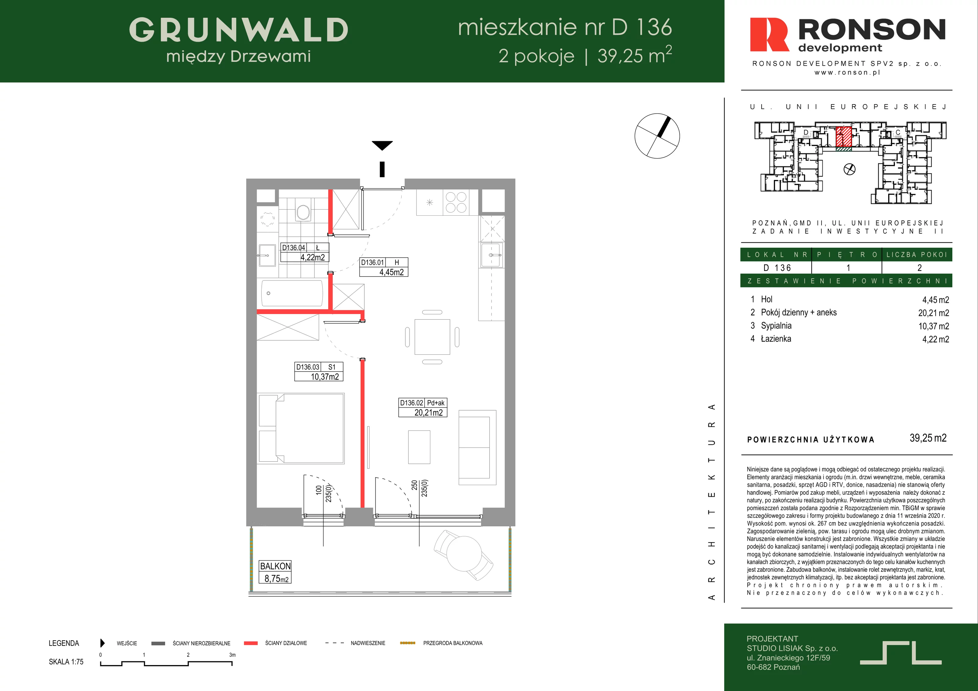 2 pokoje, mieszkanie 39,25 m², piętro 1, oferta nr D136, Grunwald Między Drzewami 3, Poznań, Grunwald, Grunwald Południe, ul. Unii Europejskiej / Smardzewska