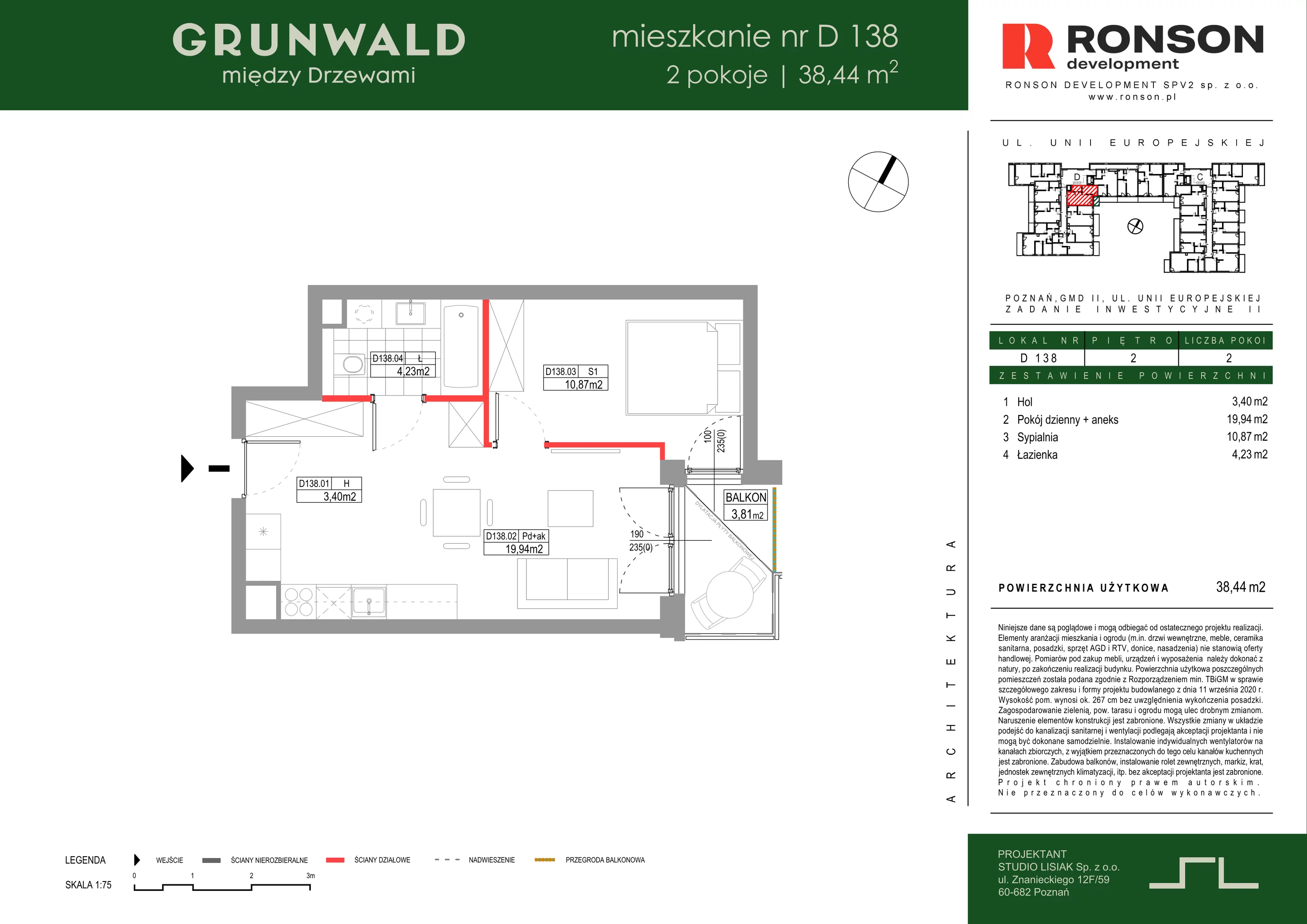 2 pokoje, mieszkanie 38,44 m², piętro 2, oferta nr D138, Grunwald Między Drzewami 3, Poznań, Grunwald, Grunwald Południe, ul. Unii Europejskiej / Smardzewska