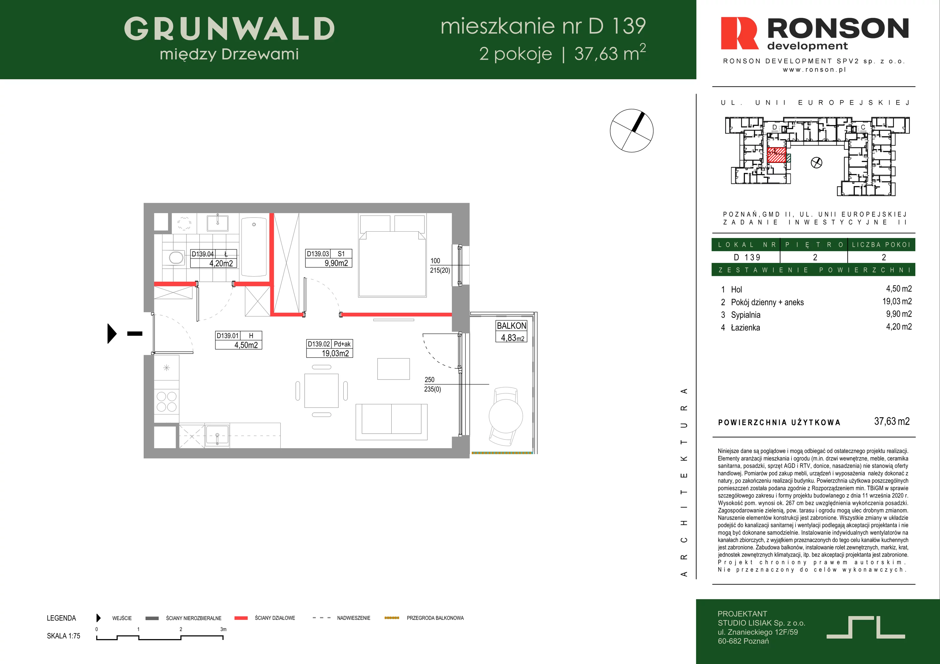 2 pokoje, mieszkanie 37,63 m², piętro 2, oferta nr D139, Grunwald Między Drzewami 3, Poznań, Grunwald, Grunwald Południe, ul. Unii Europejskiej / Smardzewska