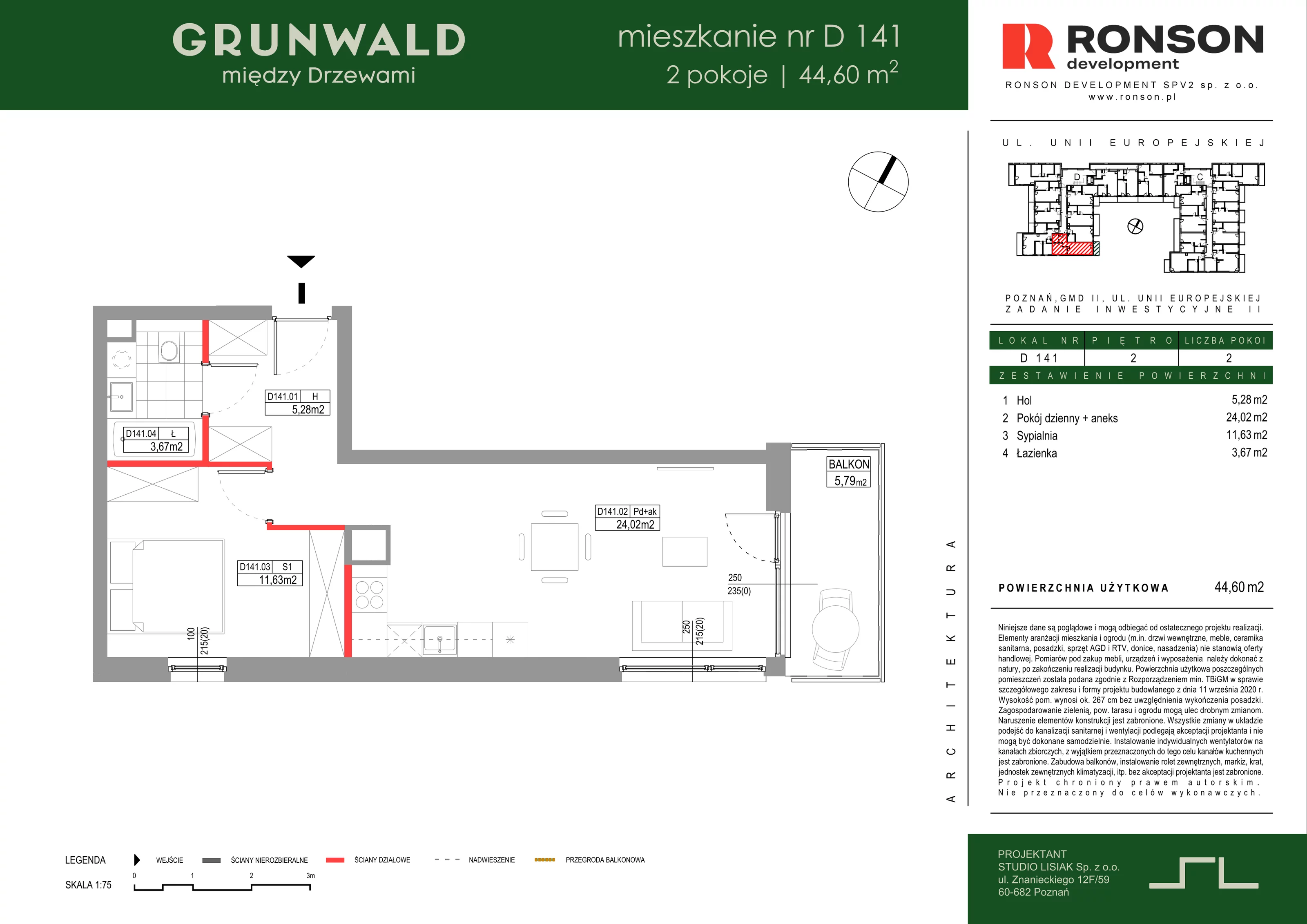 2 pokoje, mieszkanie 44,60 m², piętro 2, oferta nr D141, Grunwald Między Drzewami 3, Poznań, Grunwald, Grunwald Południe, ul. Unii Europejskiej / Smardzewska