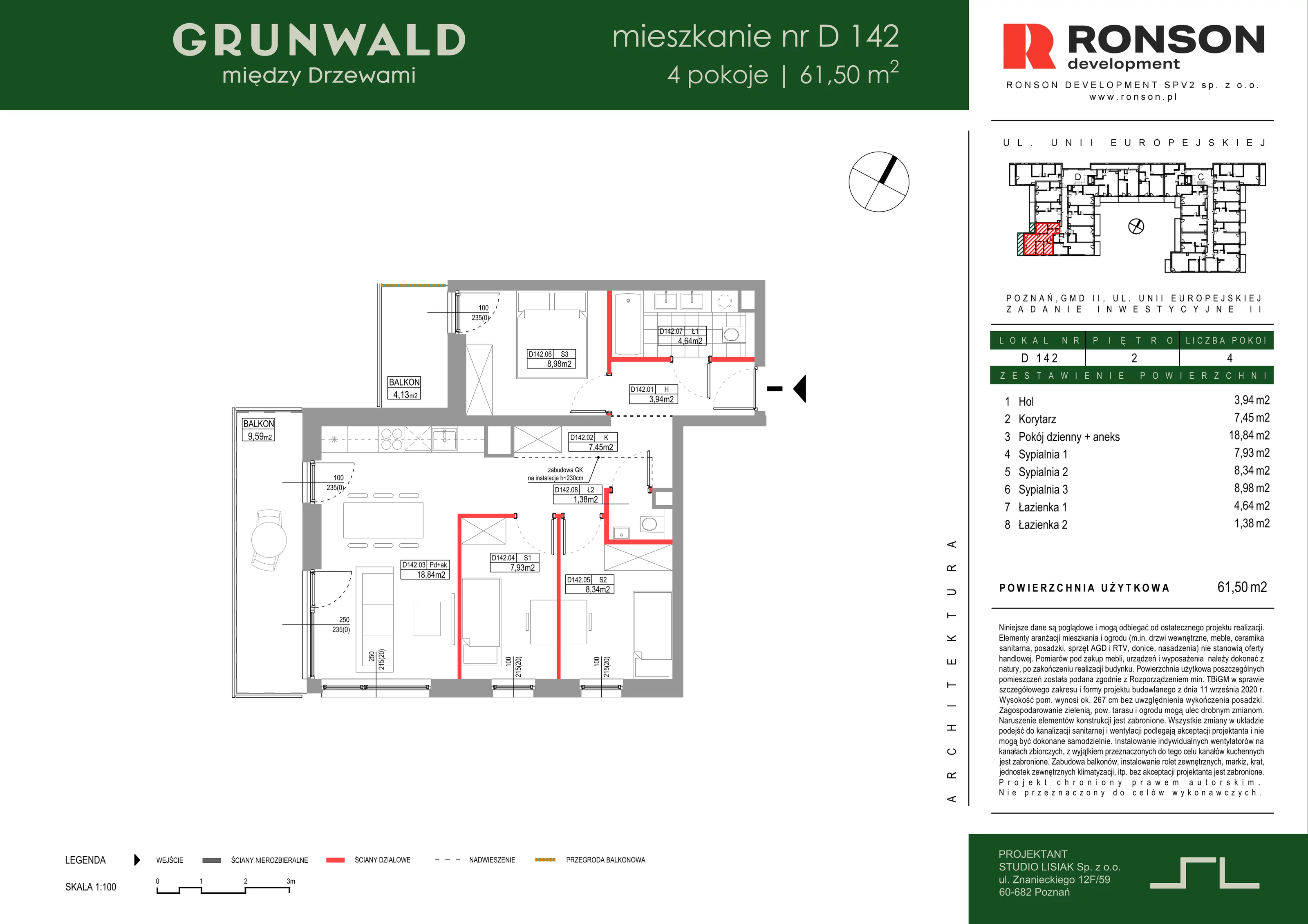 4 pokoje, mieszkanie 61,50 m², piętro 2, oferta nr D142, Grunwald Między Drzewami 3, Poznań, Grunwald, Grunwald Południe, ul. Unii Europejskiej / Smardzewska