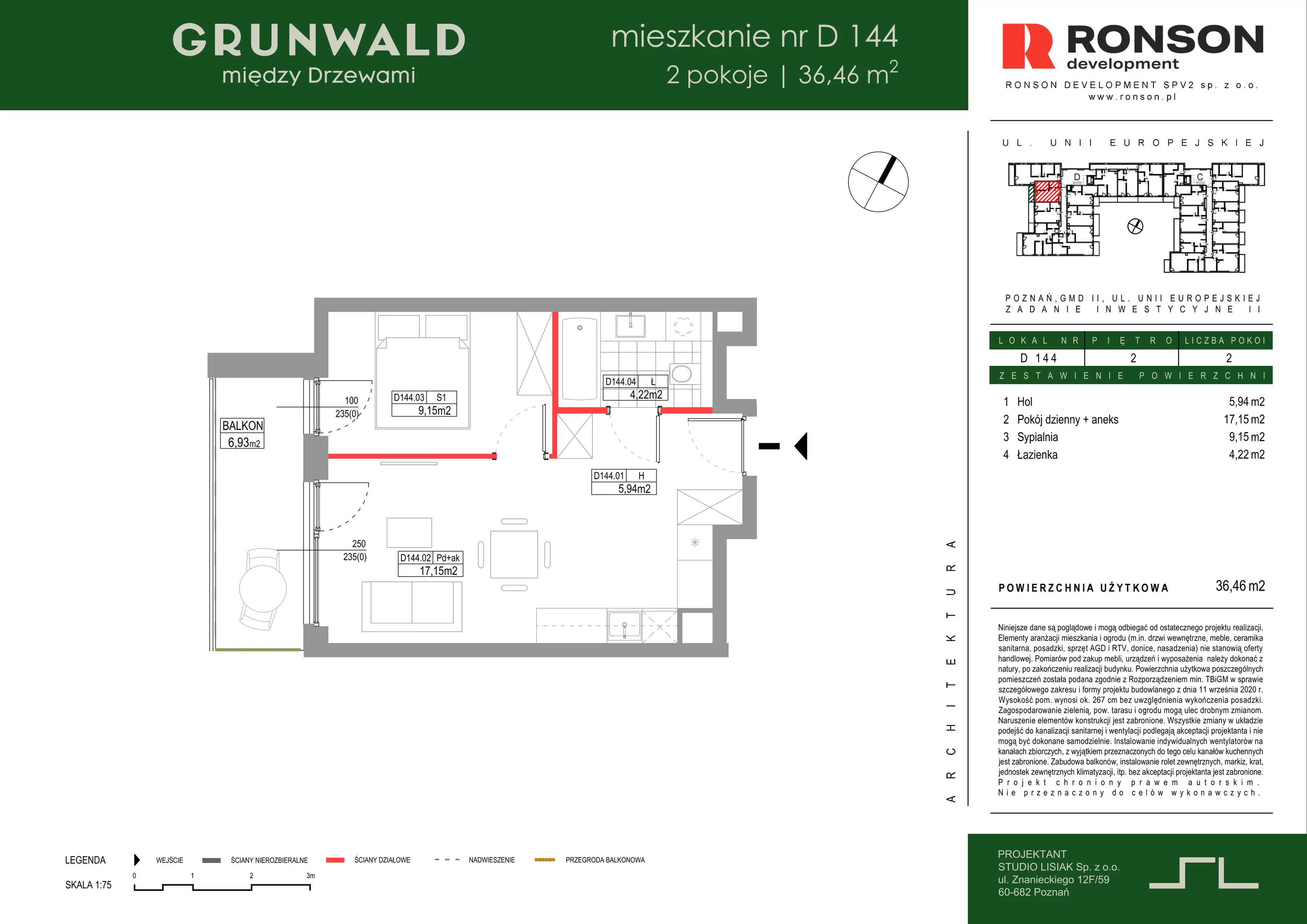 2 pokoje, mieszkanie 36,46 m², piętro 2, oferta nr D144, Grunwald Między Drzewami 3, Poznań, Grunwald, Grunwald Południe, ul. Unii Europejskiej / Smardzewska