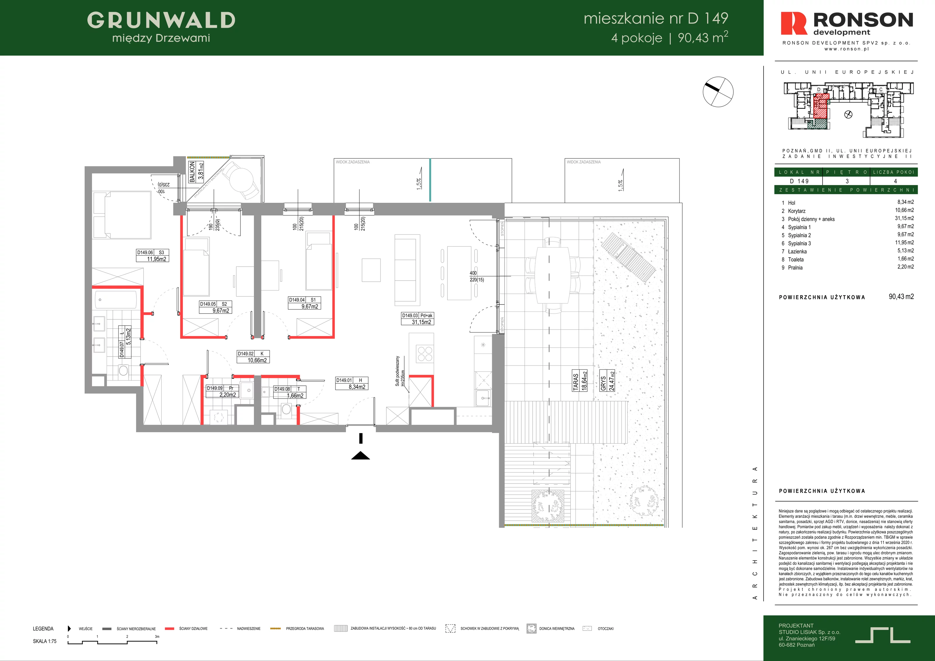 4 pokoje, mieszkanie 90,43 m², piętro 3, oferta nr D149, Grunwald Między Drzewami 3, Poznań, Grunwald, Grunwald Południe, ul. Unii Europejskiej / Smardzewska