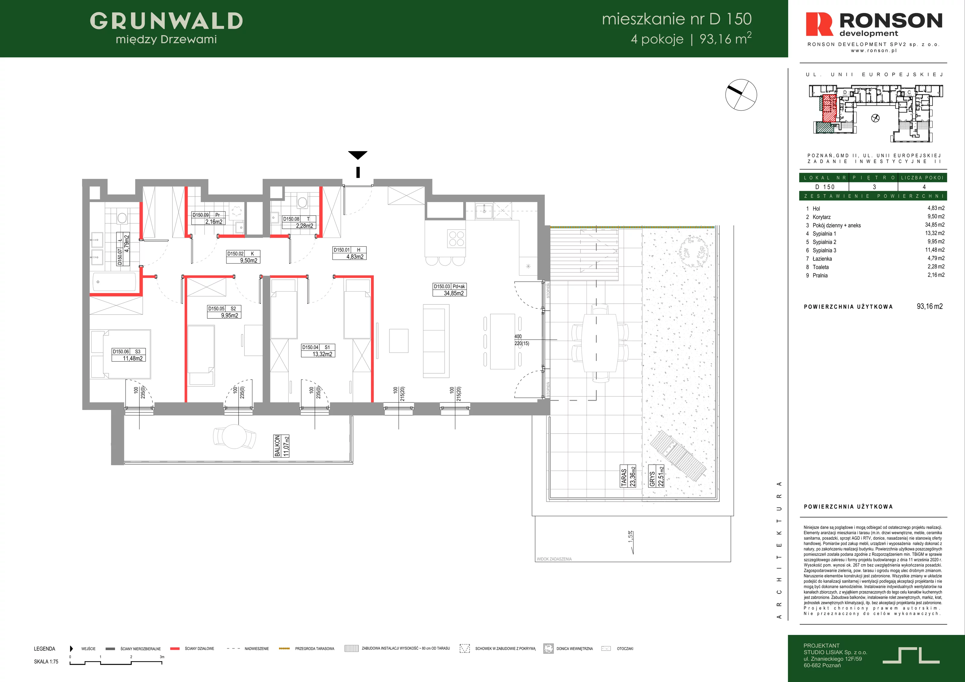 4 pokoje, mieszkanie 93,16 m², piętro 3, oferta nr D150, Grunwald Między Drzewami 3, Poznań, Grunwald, Grunwald Południe, ul. Unii Europejskiej / Smardzewska