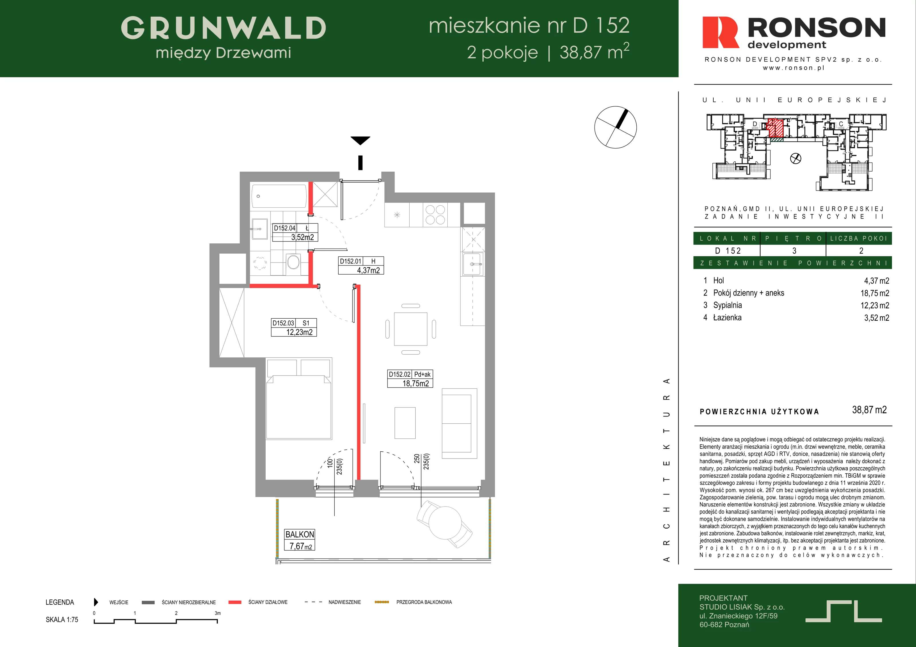 2 pokoje, mieszkanie 38,87 m², piętro 3, oferta nr D152, Grunwald Między Drzewami 3, Poznań, Grunwald, Grunwald Południe, ul. Unii Europejskiej / Smardzewska