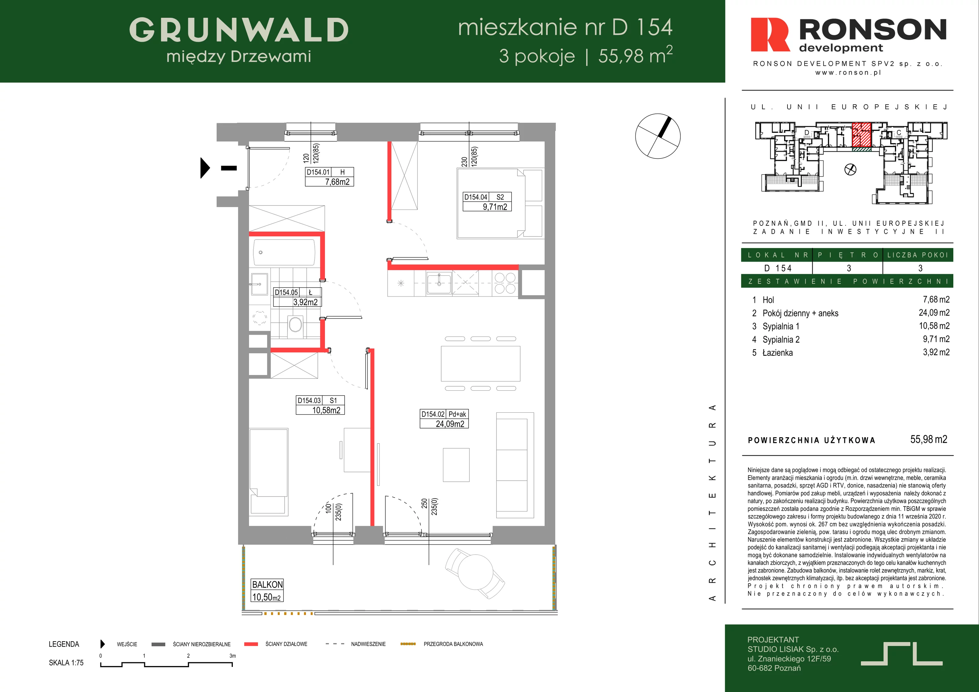 3 pokoje, mieszkanie 55,98 m², piętro 3, oferta nr D154, Grunwald Między Drzewami 3, Poznań, Grunwald, Grunwald Południe, ul. Unii Europejskiej / Smardzewska