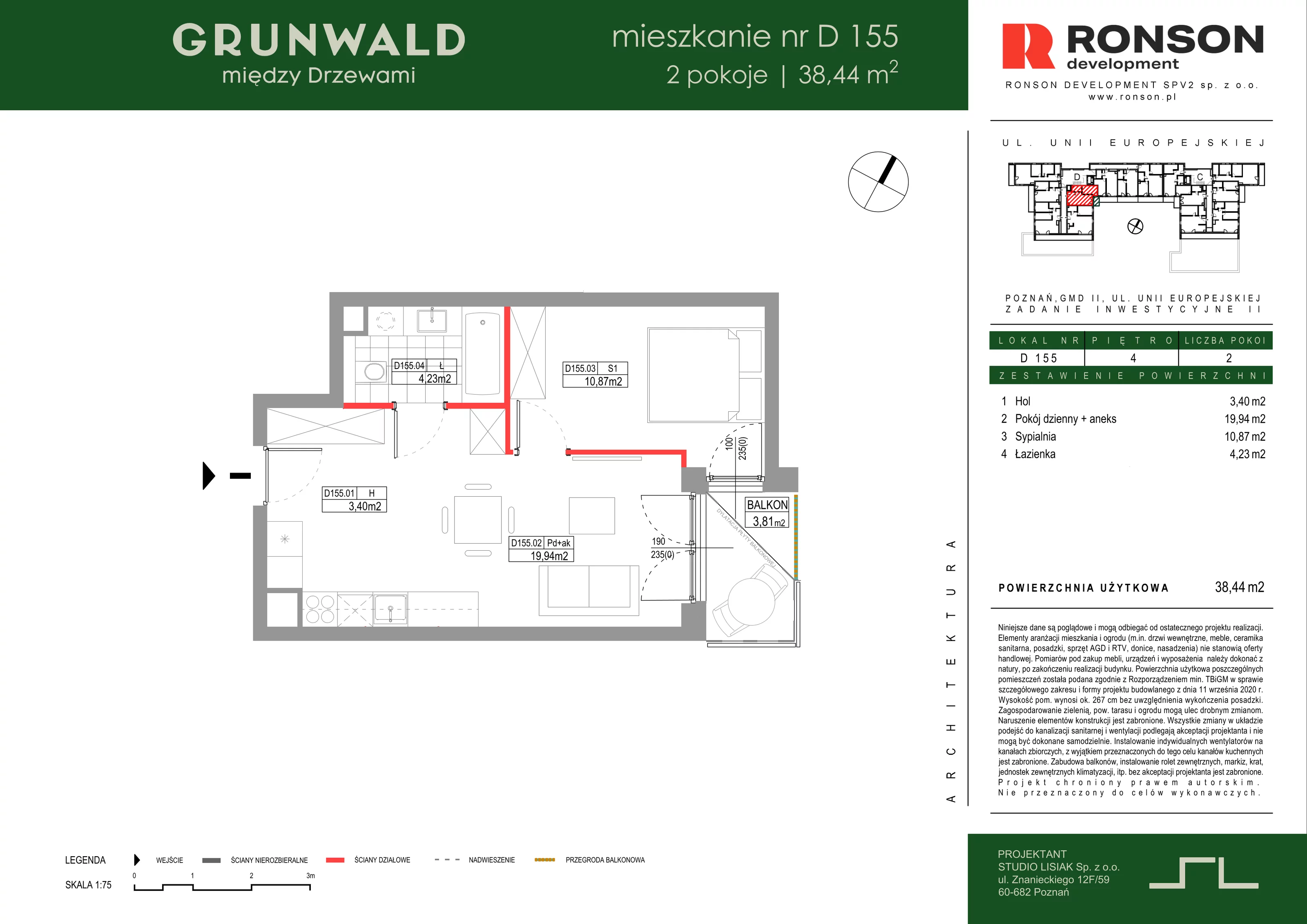 2 pokoje, mieszkanie 38,44 m², piętro 4, oferta nr D155, Grunwald Między Drzewami 3, Poznań, Grunwald, Grunwald Południe, ul. Unii Europejskiej / Smardzewska