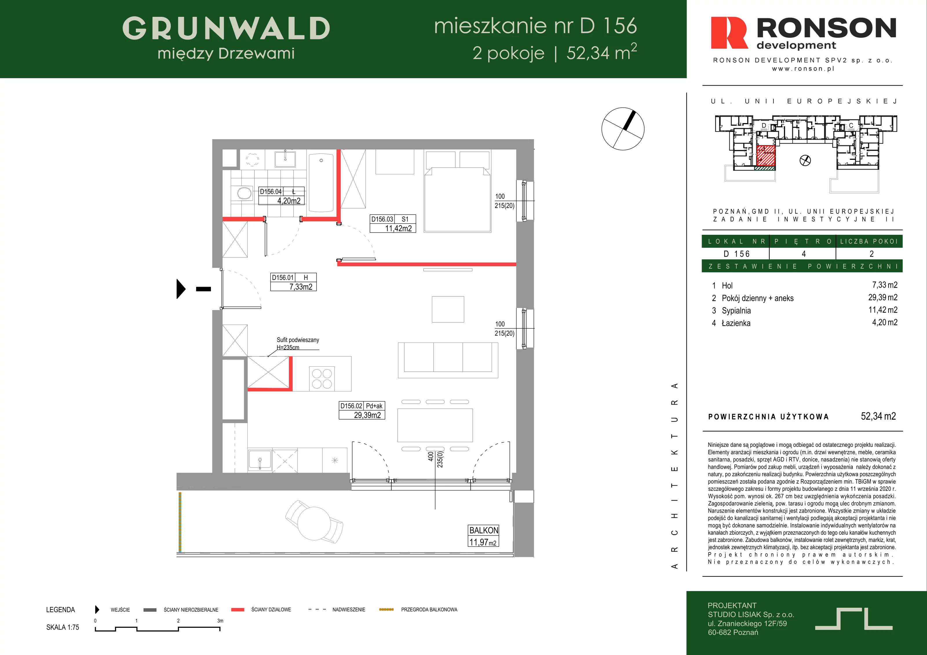 2 pokoje, mieszkanie 52,34 m², piętro 4, oferta nr D156, Grunwald Między Drzewami 3, Poznań, Grunwald, Grunwald Południe, ul. Unii Europejskiej / Smardzewska