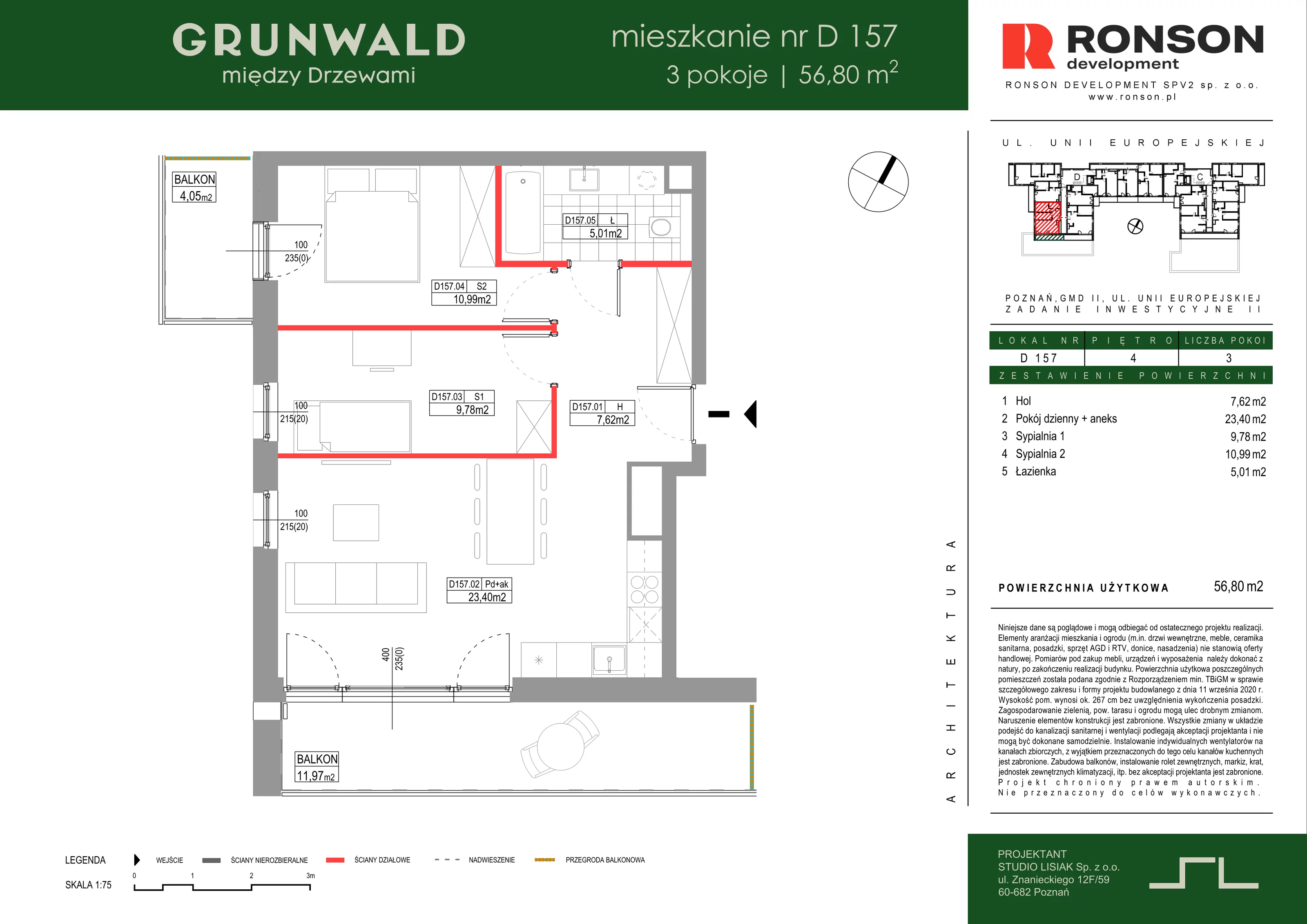 3 pokoje, mieszkanie 56,80 m², piętro 4, oferta nr D157, Grunwald Między Drzewami 3, Poznań, Grunwald, Grunwald Południe, ul. Unii Europejskiej / Smardzewska