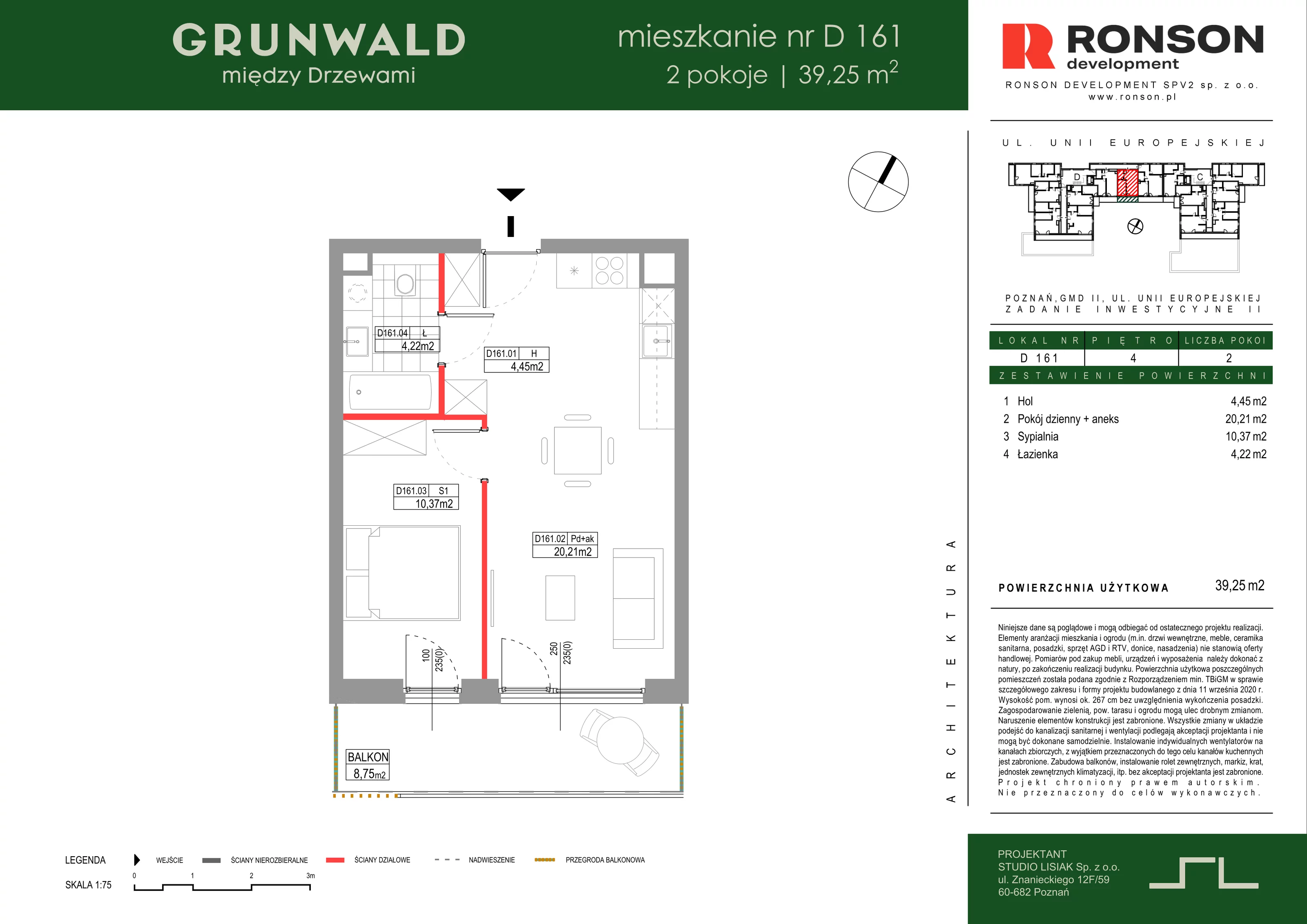 2 pokoje, mieszkanie 39,25 m², piętro 4, oferta nr D161, Grunwald Między Drzewami 3, Poznań, Grunwald, Grunwald Południe, ul. Unii Europejskiej / Smardzewska