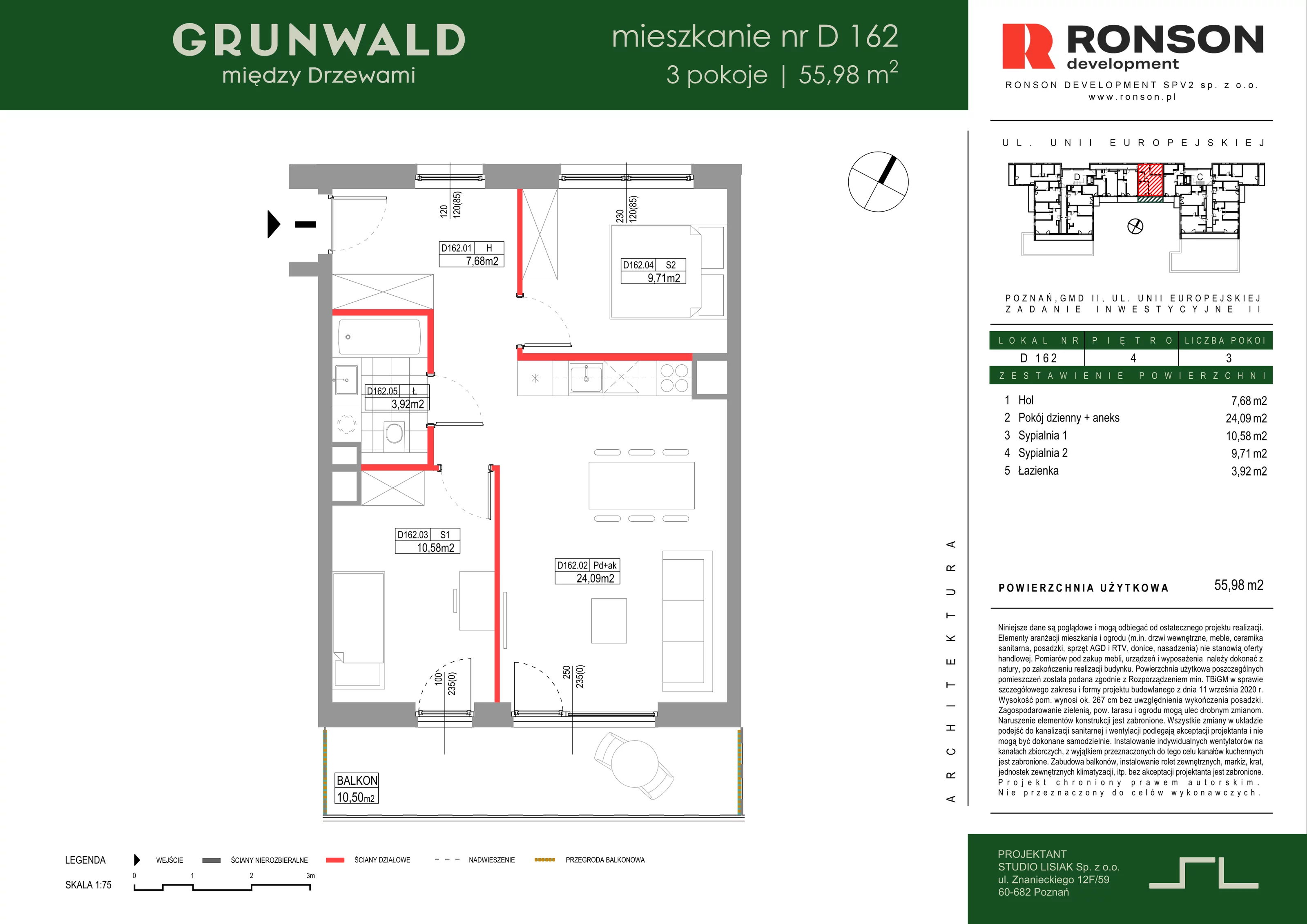 3 pokoje, mieszkanie 55,98 m², piętro 4, oferta nr D162, Grunwald Między Drzewami 3, Poznań, Grunwald, Grunwald Południe, ul. Unii Europejskiej / Smardzewska
