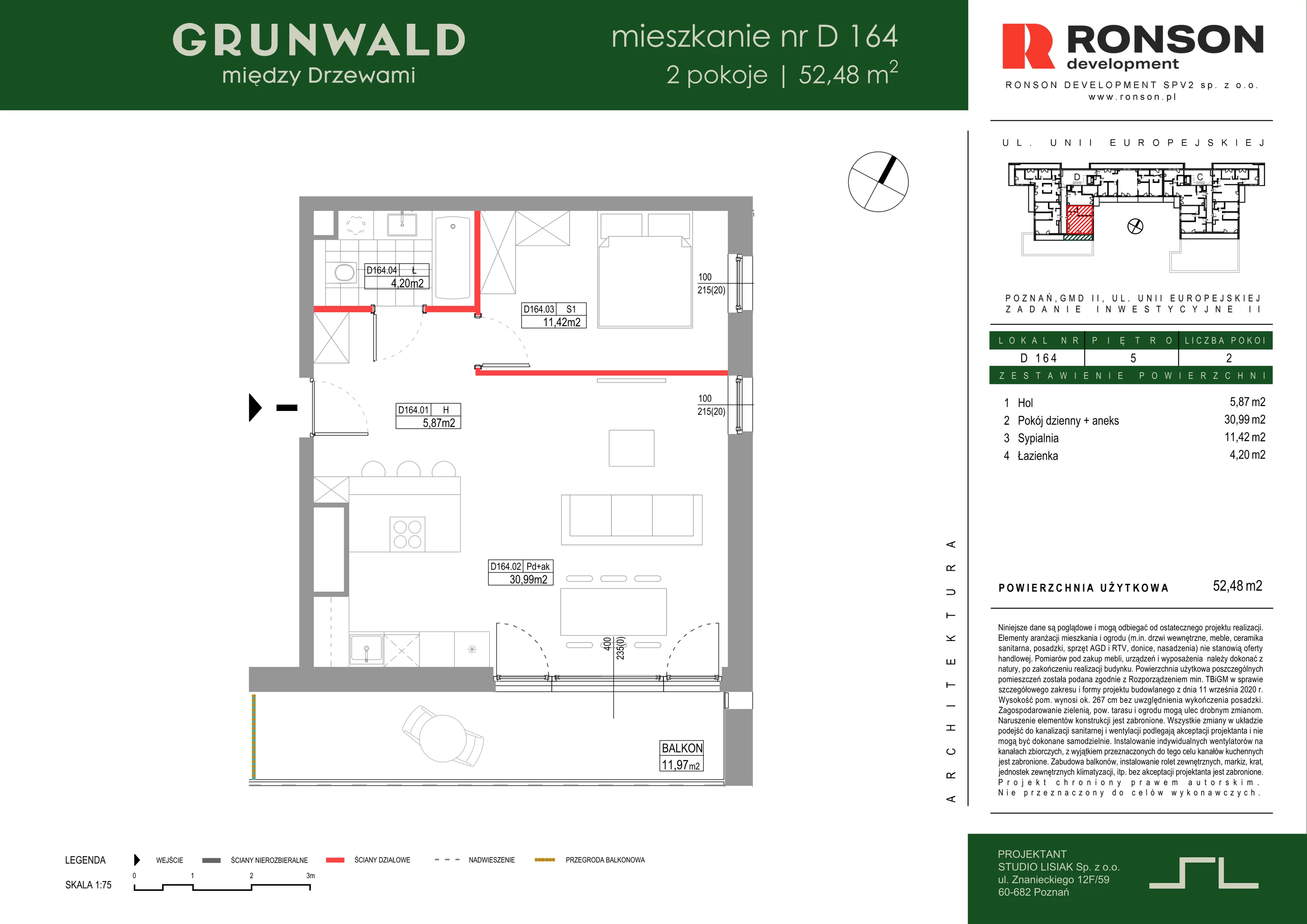 2 pokoje, mieszkanie 52,48 m², piętro 5, oferta nr D164, Grunwald Między Drzewami 3, Poznań, Grunwald, Grunwald Południe, ul. Unii Europejskiej / Smardzewska