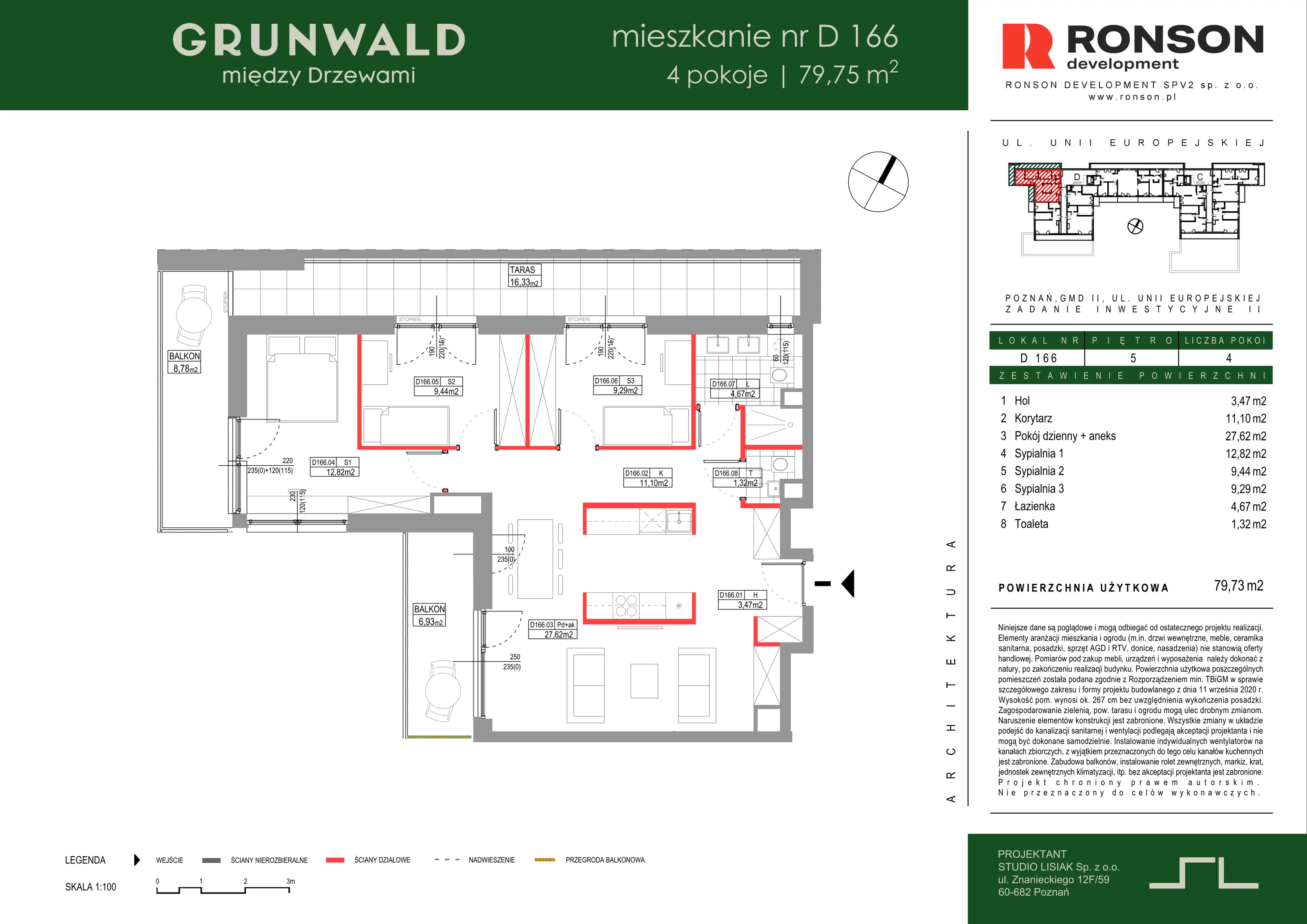 4 pokoje, mieszkanie 79,73 m², piętro 5, oferta nr D166, Grunwald Między Drzewami 3, Poznań, Grunwald, Grunwald Południe, ul. Unii Europejskiej / Smardzewska