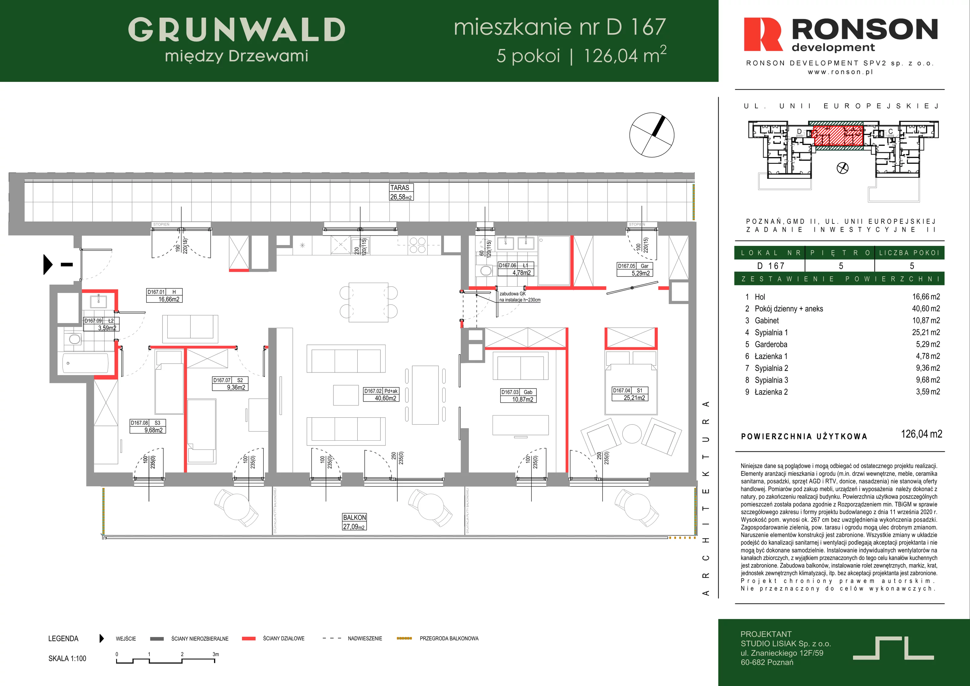5 pokoi, mieszkanie 126,04 m², piętro 5, oferta nr D167, Grunwald Między Drzewami 3, Poznań, Grunwald, Grunwald Południe, ul. Unii Europejskiej / Smardzewska