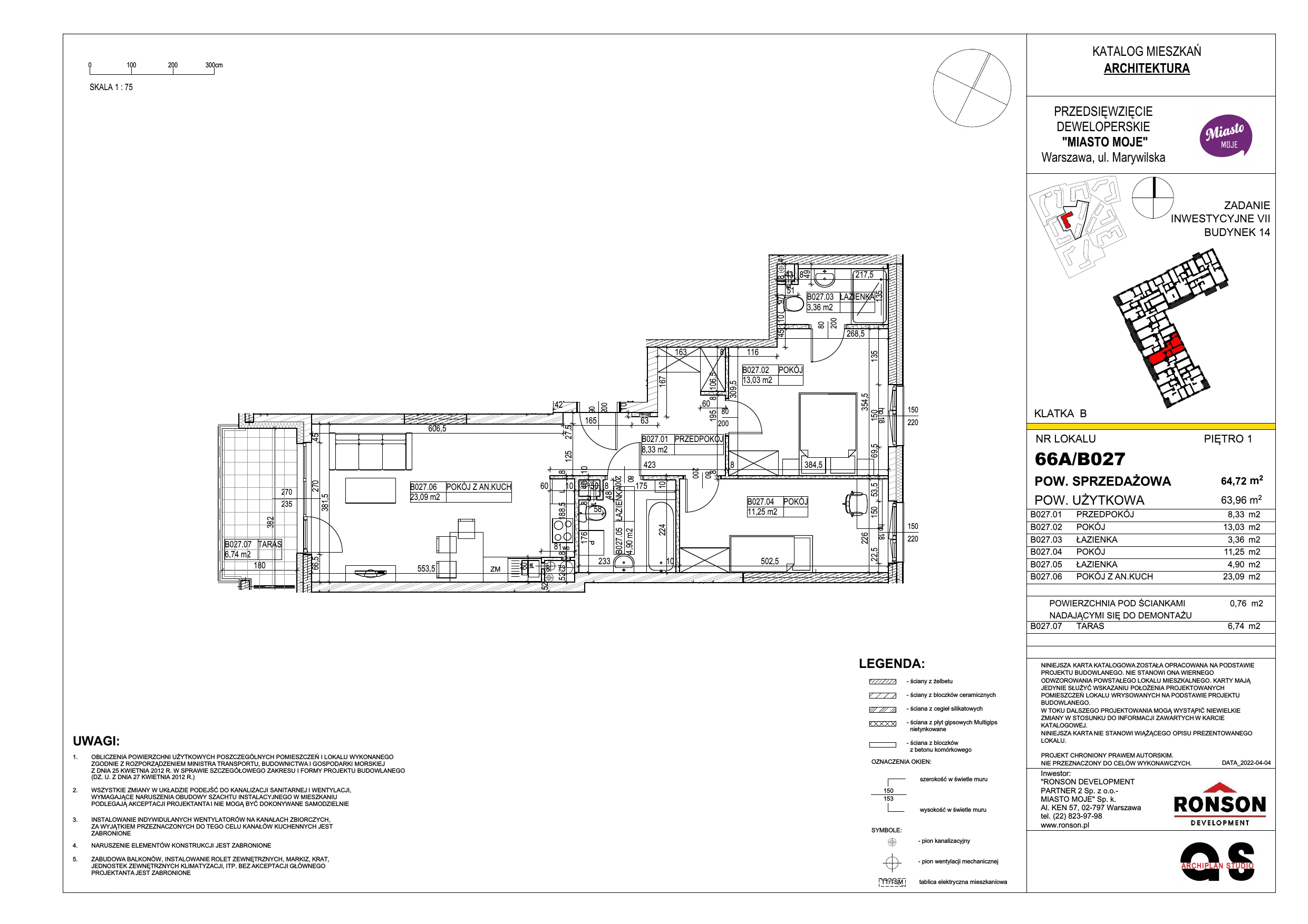 Mieszkanie 64,72 m², piętro 1, oferta nr B14/B027, Miasto Moje, Warszawa, Białołęka, Żerań, ul. Marywilska 62