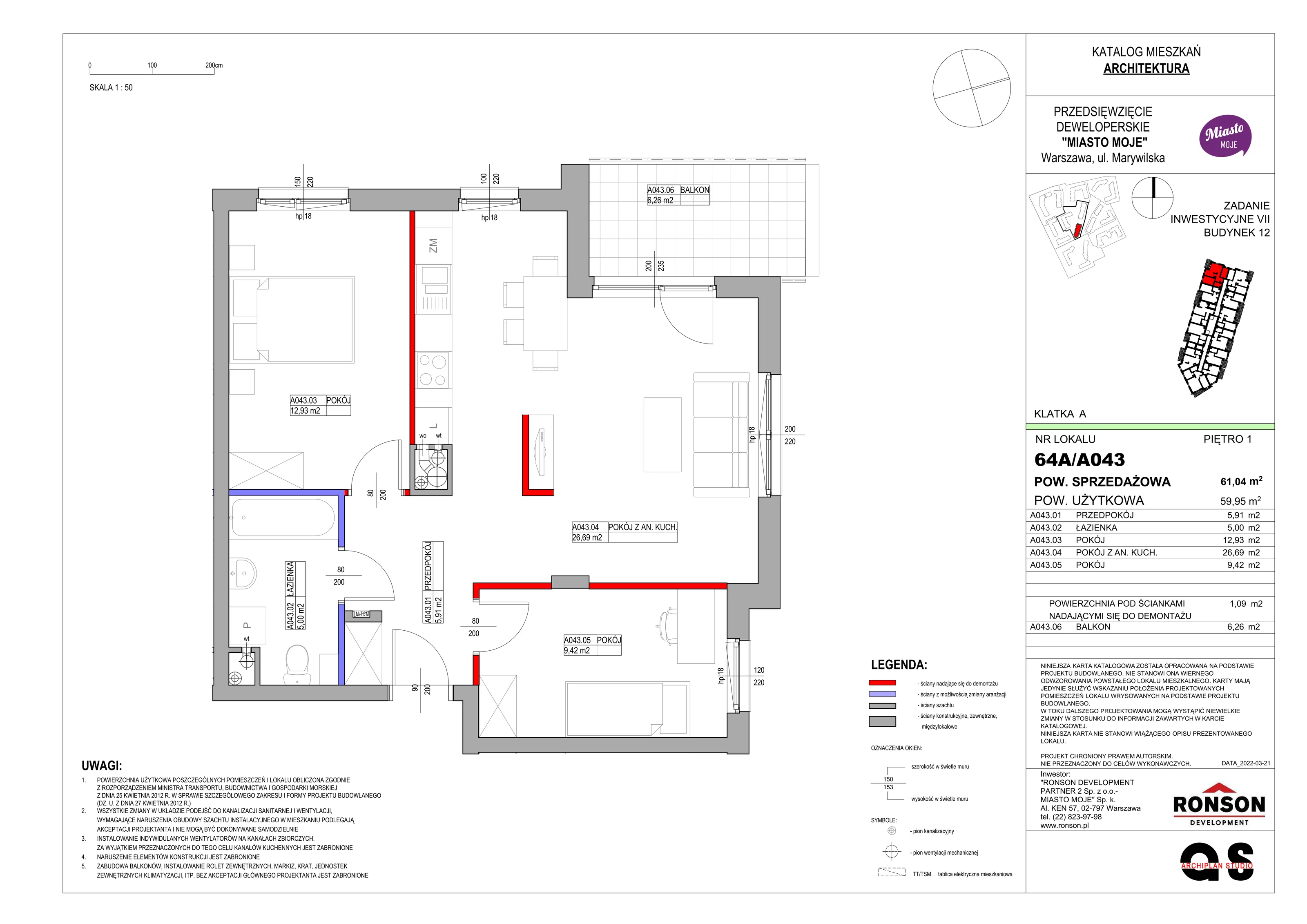 Mieszkanie 61,04 m², piętro 1, oferta nr B12/A043, Miasto Moje, Warszawa, Białołęka, Żerań, ul. Marywilska 62