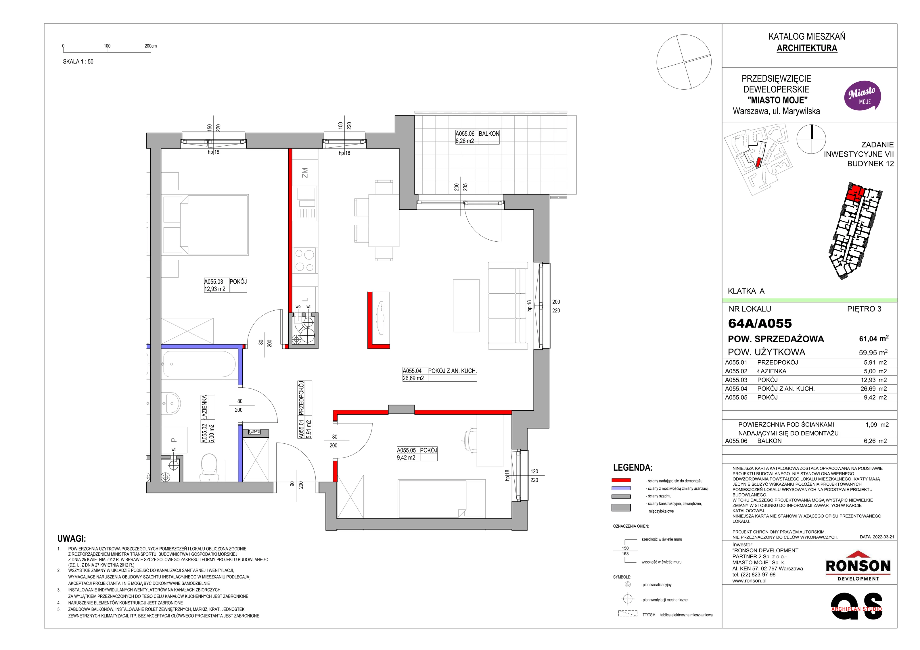 Mieszkanie 61,04 m², piętro 3, oferta nr B12/A055, Miasto Moje, Warszawa, Białołęka, Żerań, ul. Marywilska 62