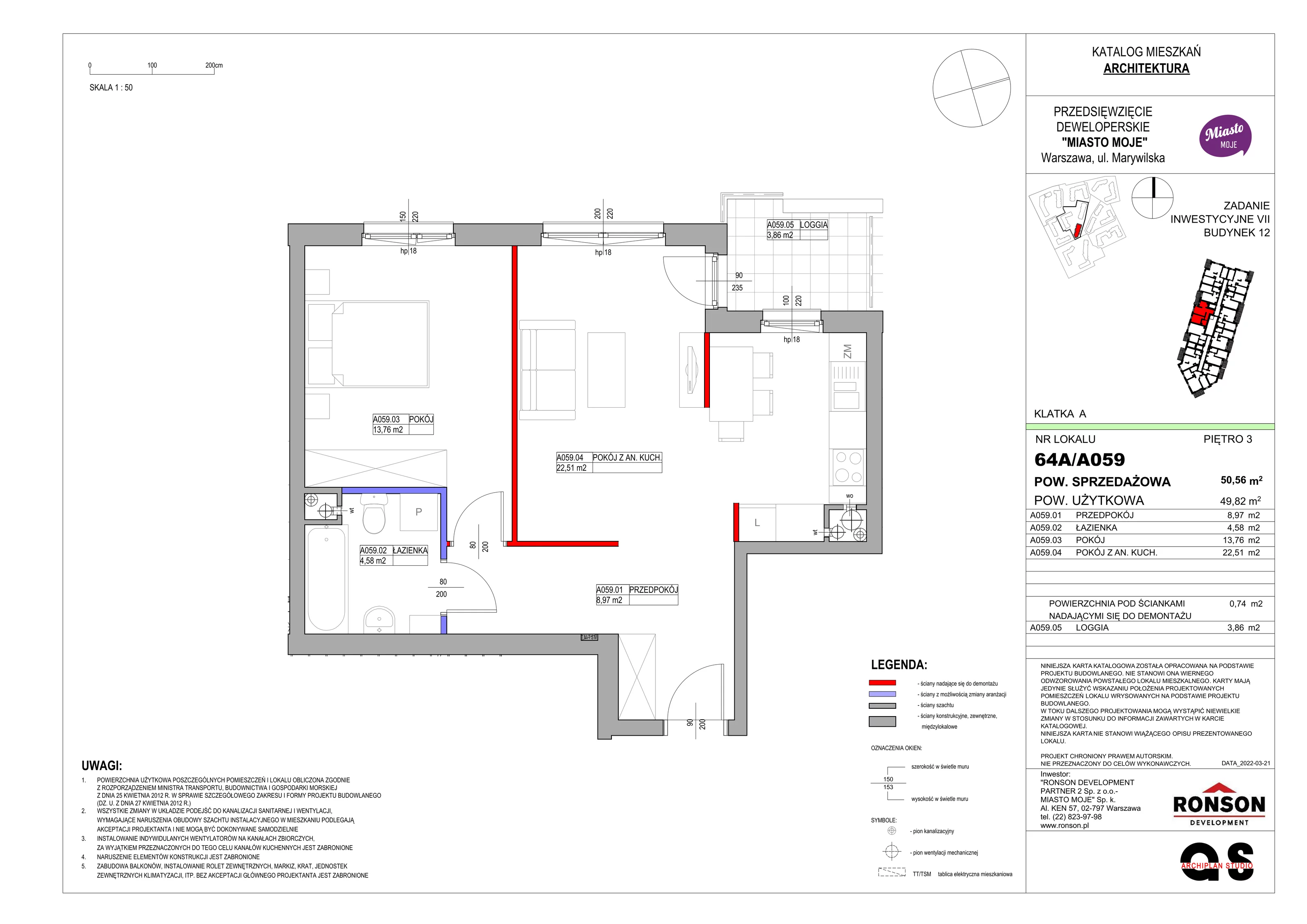 Mieszkanie 50,56 m², piętro 3, oferta nr B12/A059, Miasto Moje, Warszawa, Białołęka, Żerań, ul. Marywilska 62