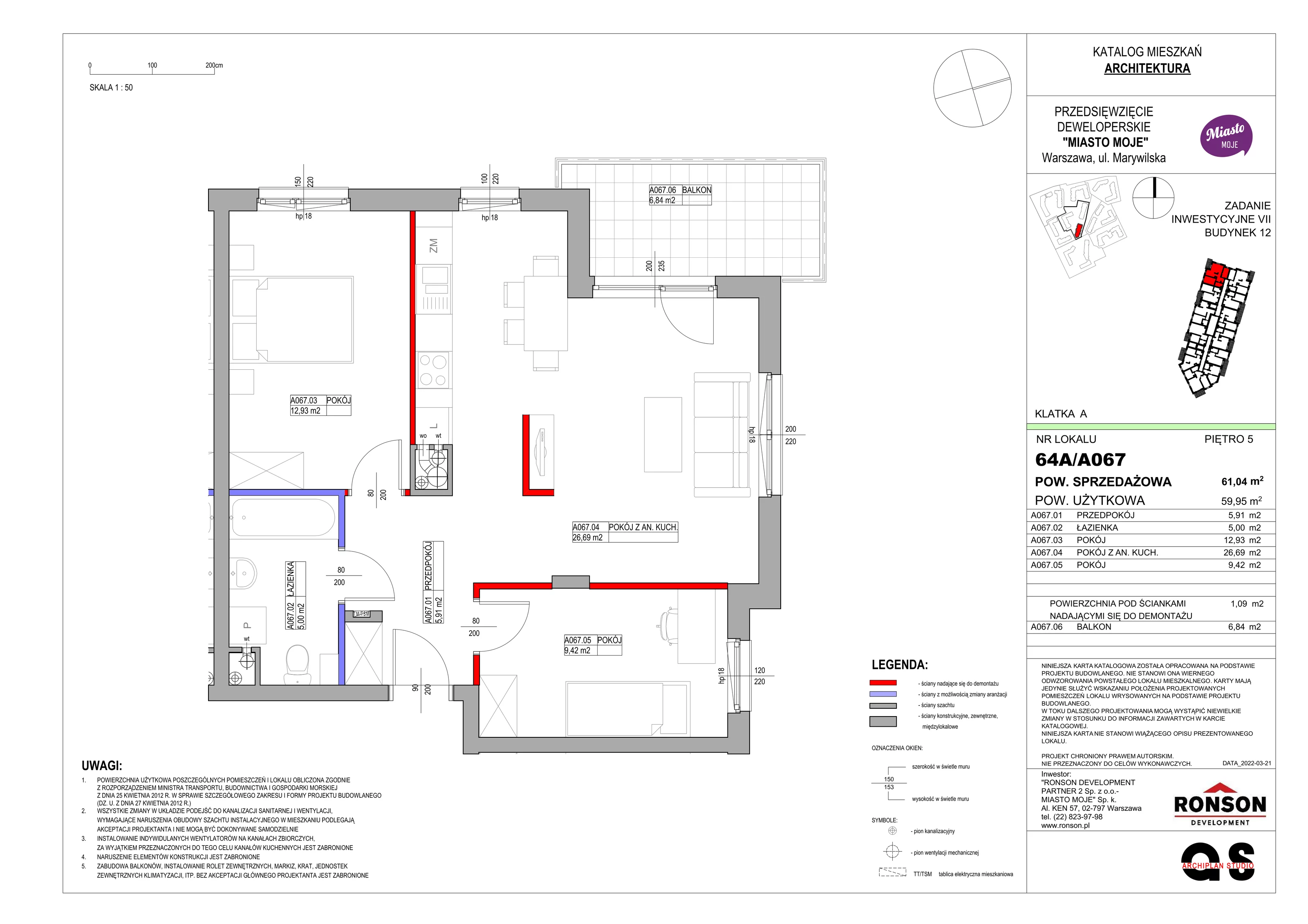 Mieszkanie 61,04 m², piętro 5, oferta nr B12/A067, Miasto Moje, Warszawa, Białołęka, Żerań, ul. Marywilska 62