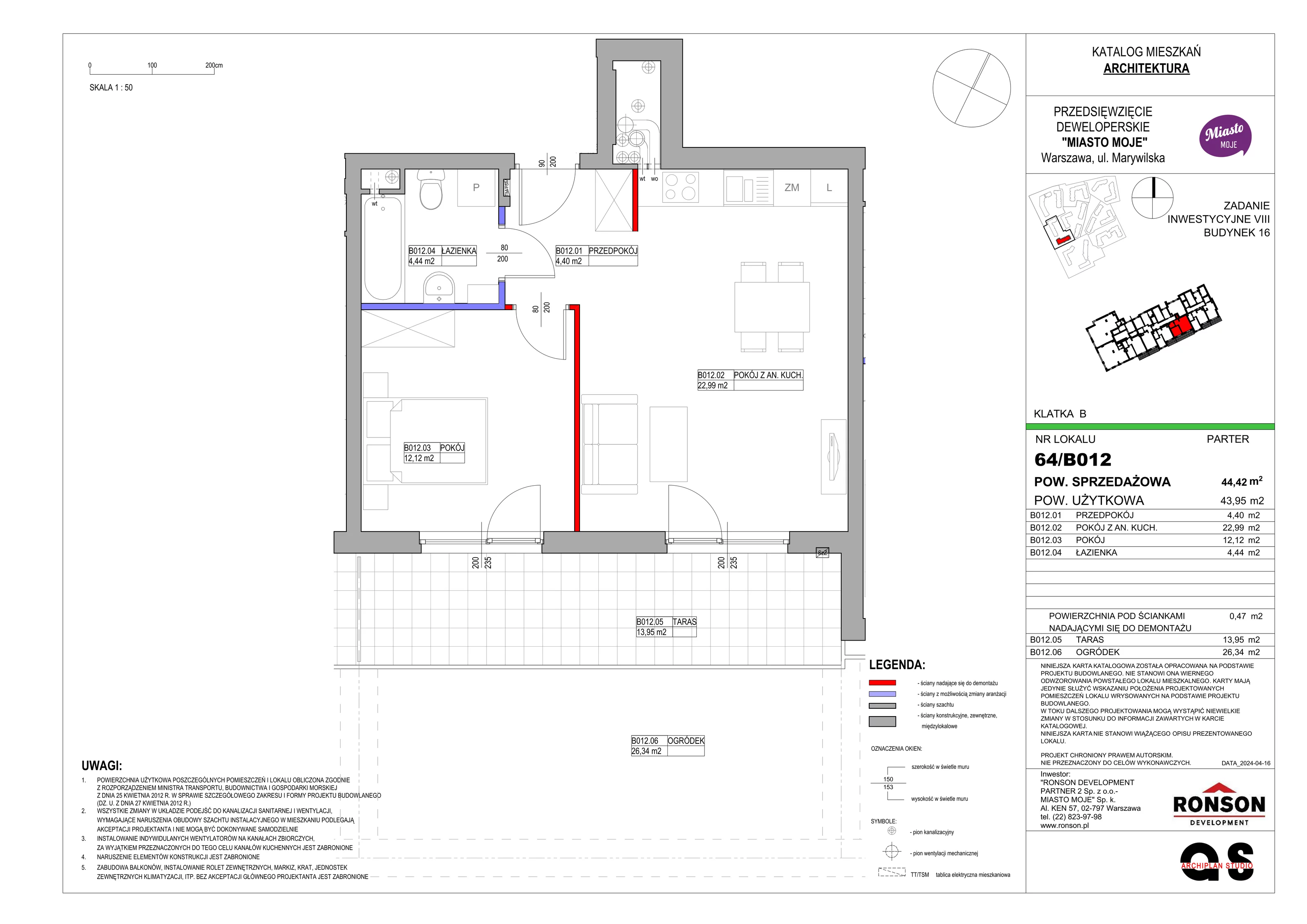 Mieszkanie 44,42 m², parter, oferta nr B16/B012, Miasto Moje, Warszawa, Białołęka, Żerań, ul. Marywilska 62